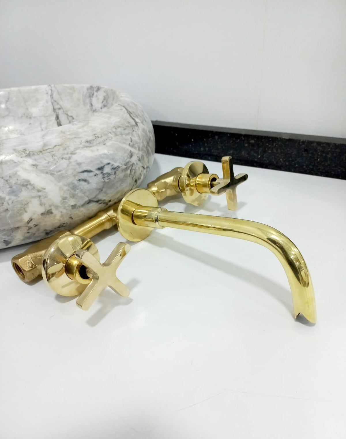 Solid Brass Bathroom Sink Faucet, Unlacquered brass Tub Filler Faucet, Wall Mounted Bathroom Faucet With Cross Handles