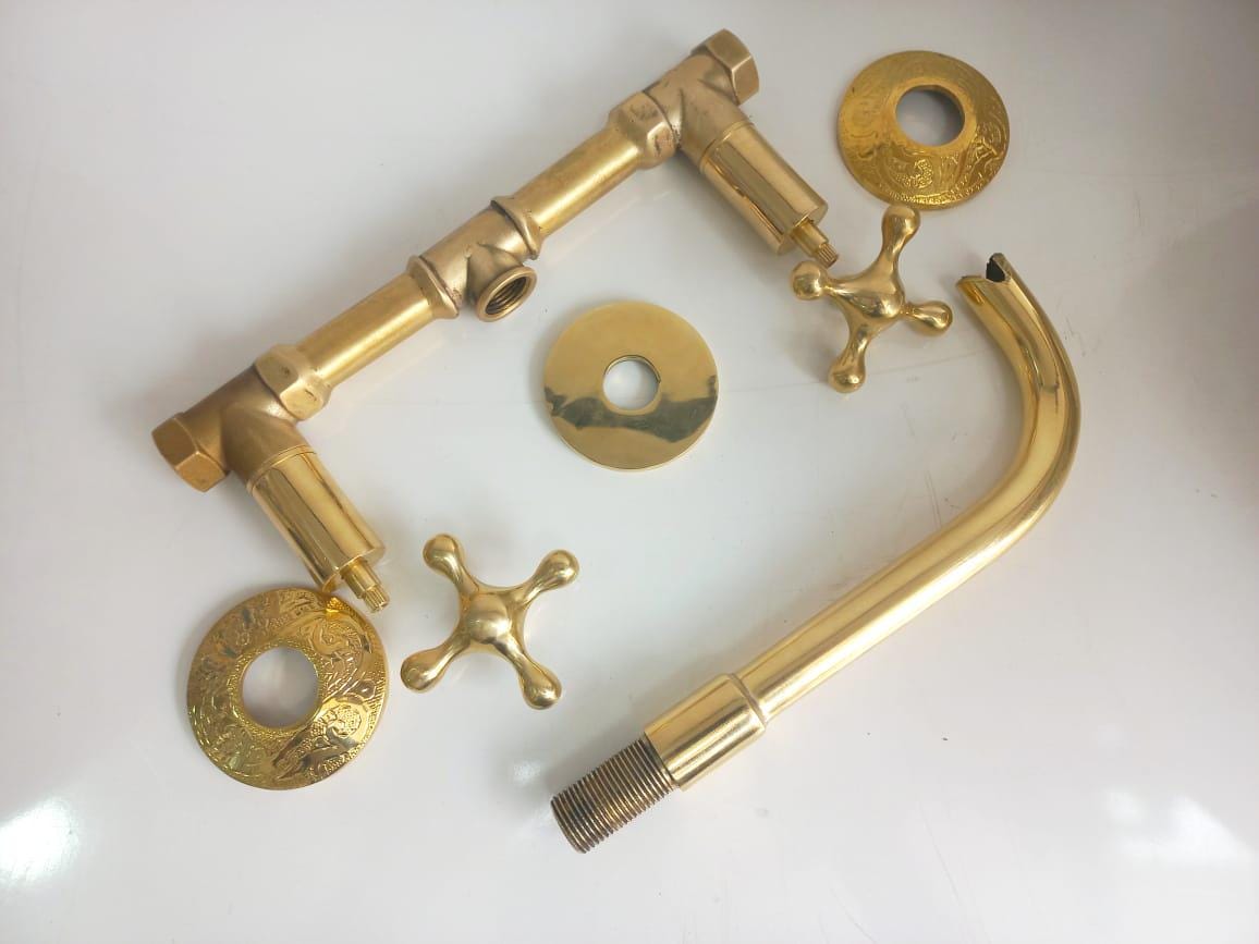 Solid Brass Bathroom Sink Faucet, Unlacquered brass Tub Filler Faucet, Wall Mounted Bathroom Faucet With Cross Handles
