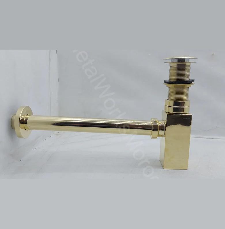 Unlacquered Brass Rectangle Sink Bottle Trap - Stopper P-Trap
