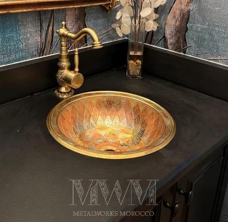 Unlacquered Brass Bathroom Sink Studded With Copper - 14 inch Handmade Drop in Sink