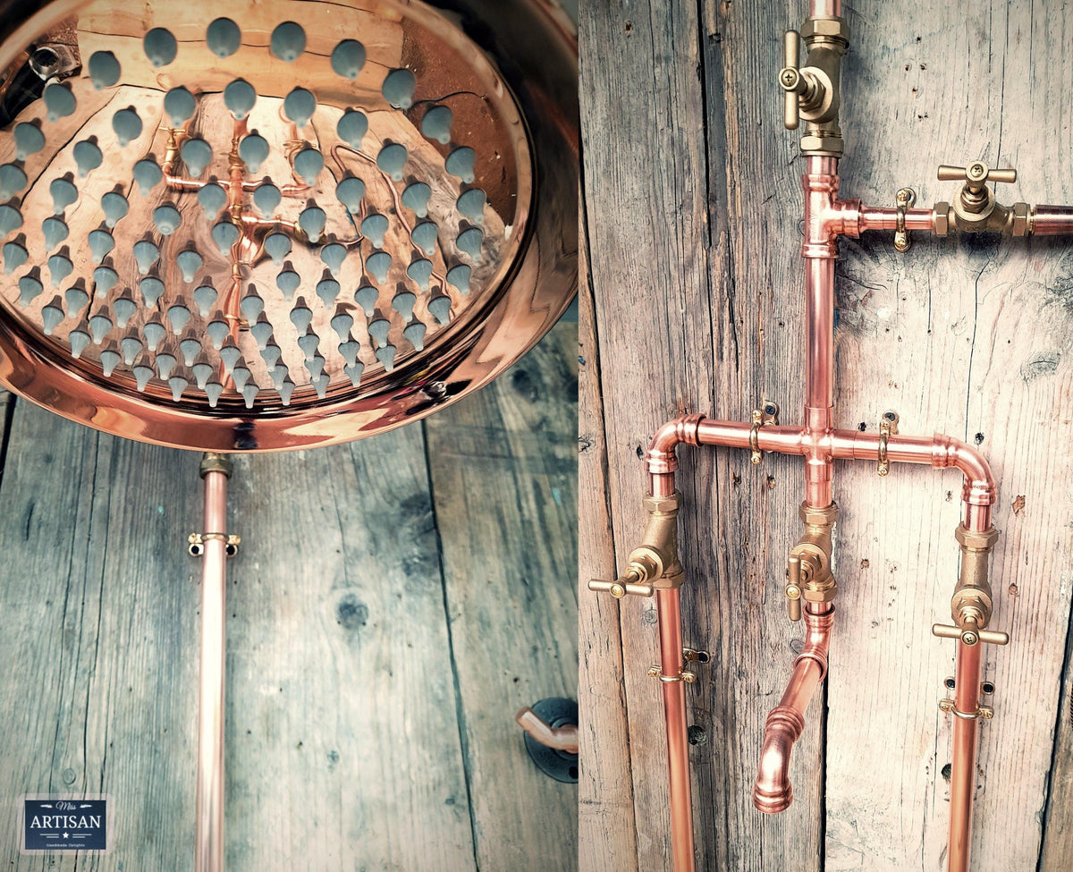 Copper Rainfall Shower With Hand Sprayer, Lower Spout And Down Pipes - Exposed Copper Pipe Rain Showers - Any Size Made 