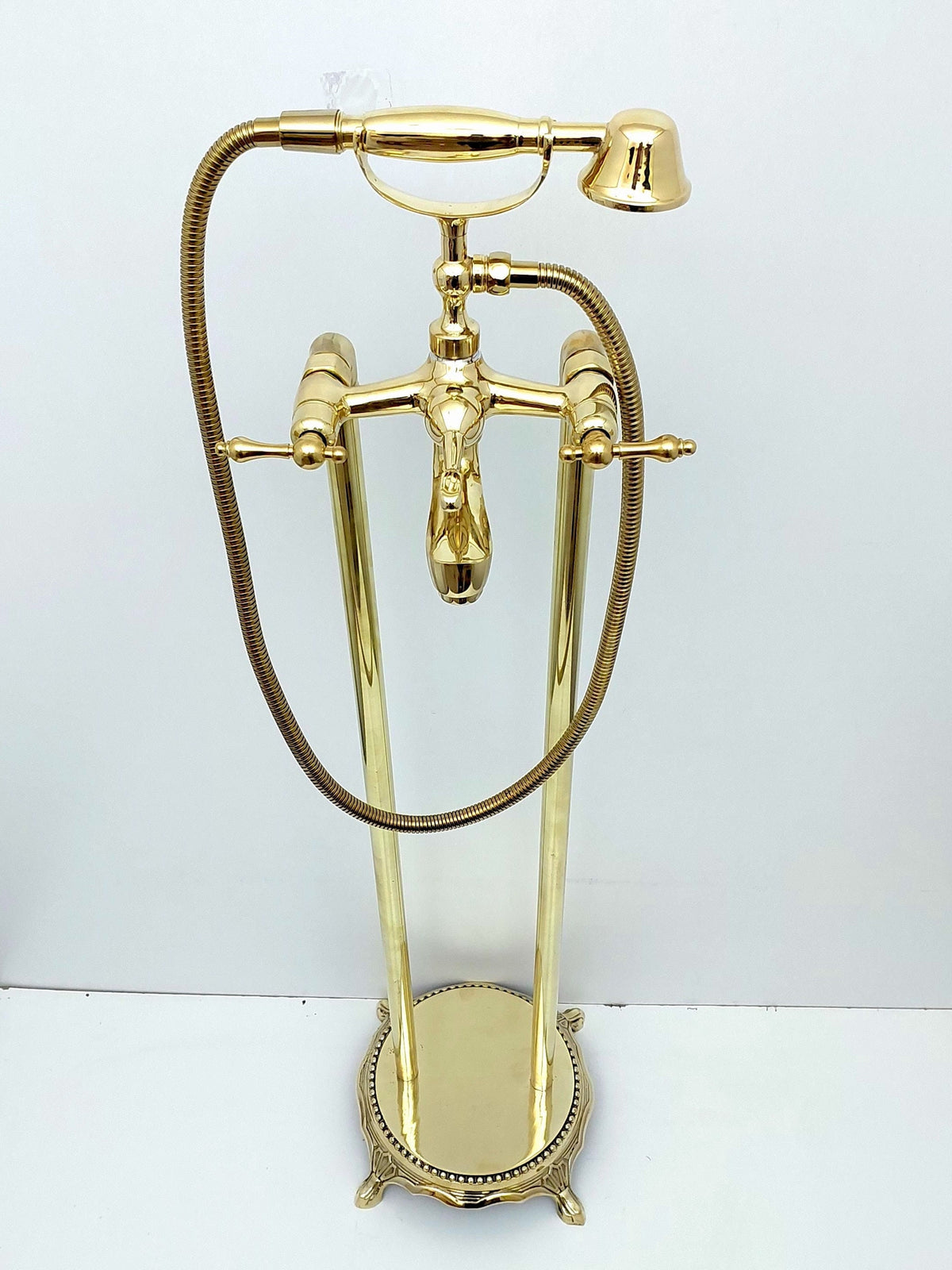 Unlacquered Brass Freestanding Tub Filler Faucet with Hand Shower