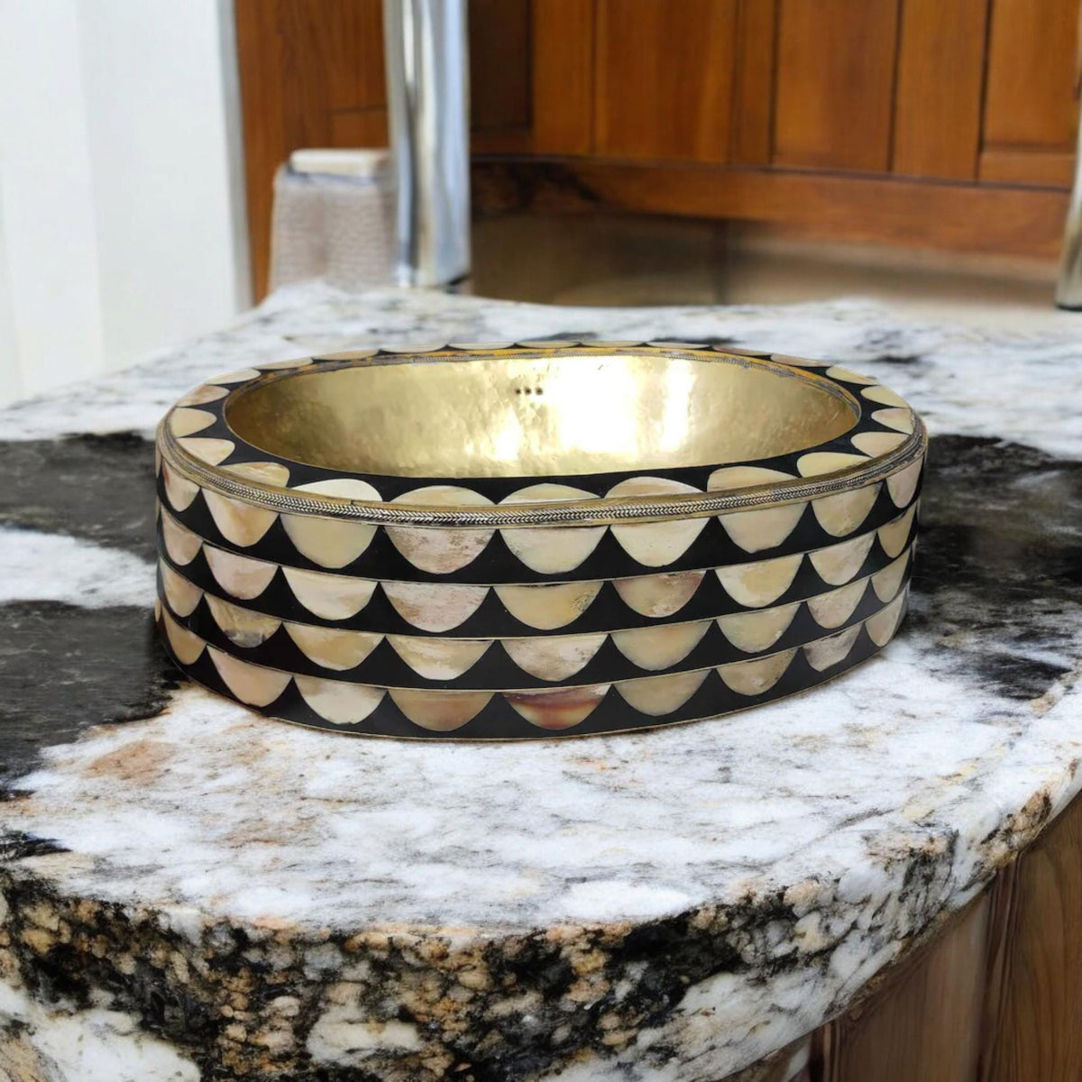 Handmade Moroccan Brass Vessel Sink: Bone & Black Resin Inlay