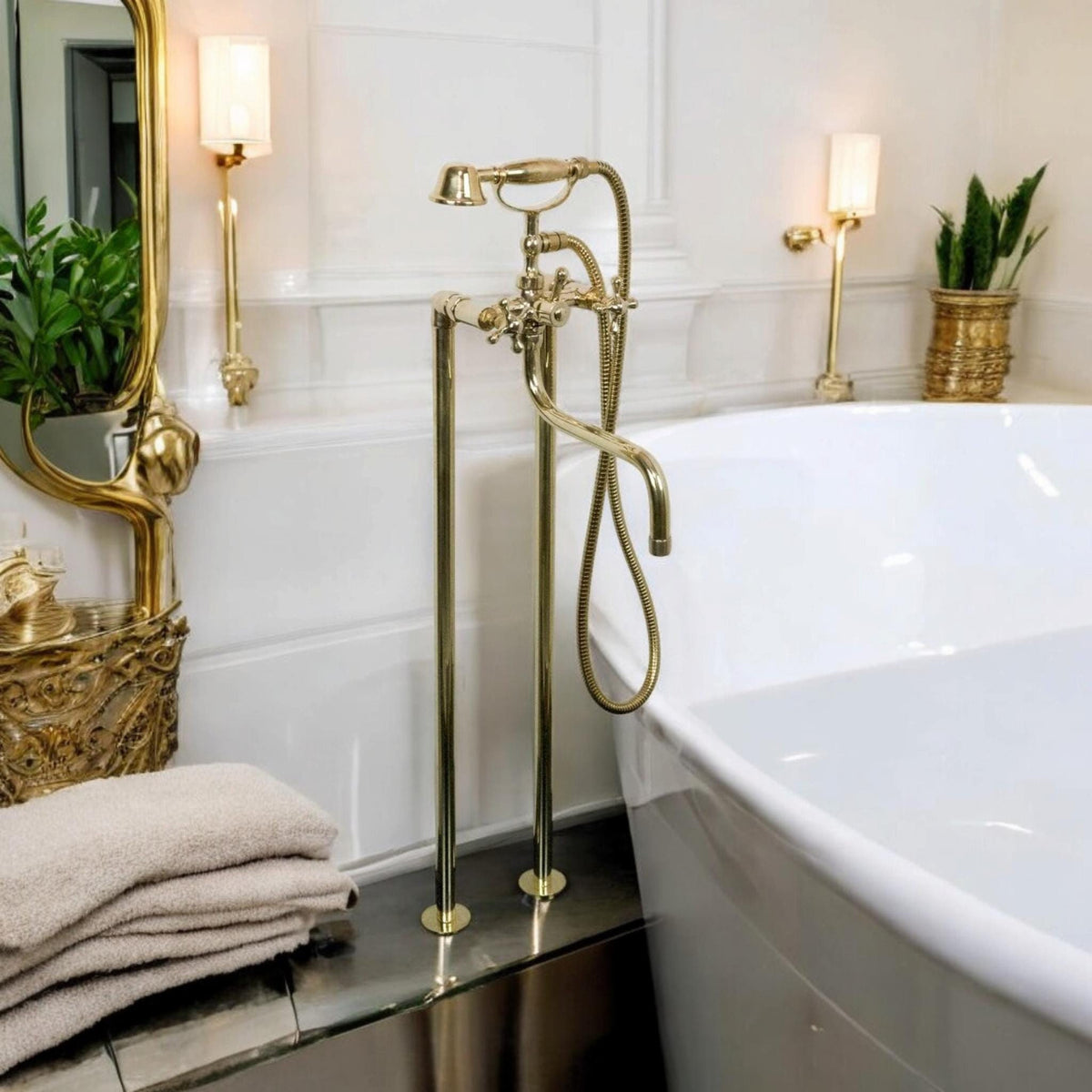 Brass Freestanding Tub Filler with Hand Shower