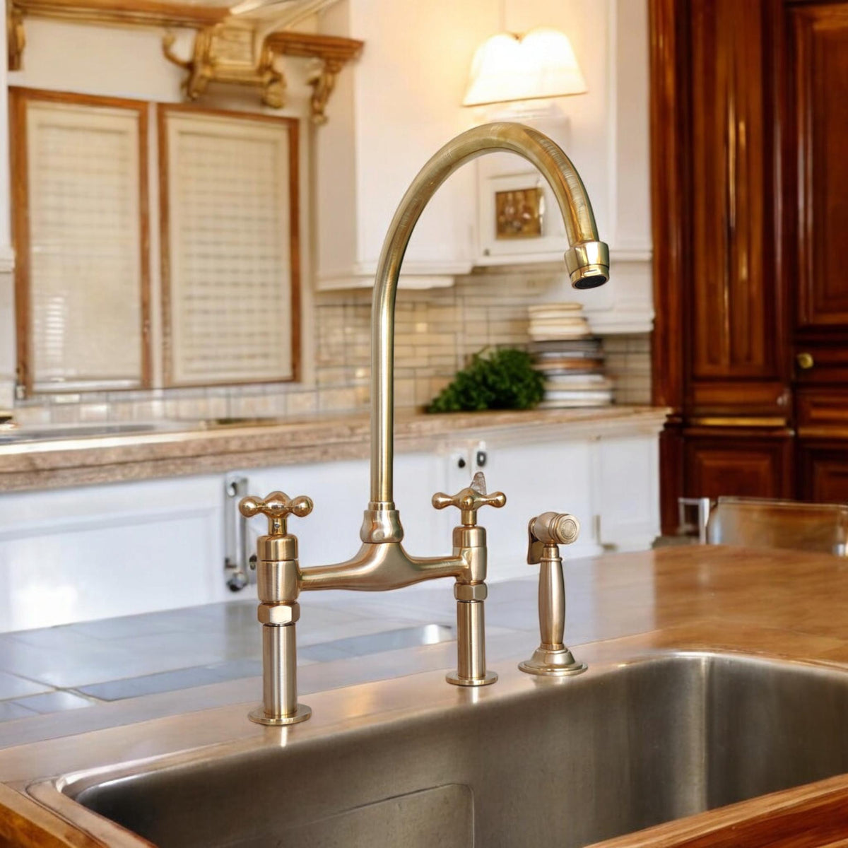 Unlacquered Brass Kitchen Faucet: Vintage Bridge Tap
