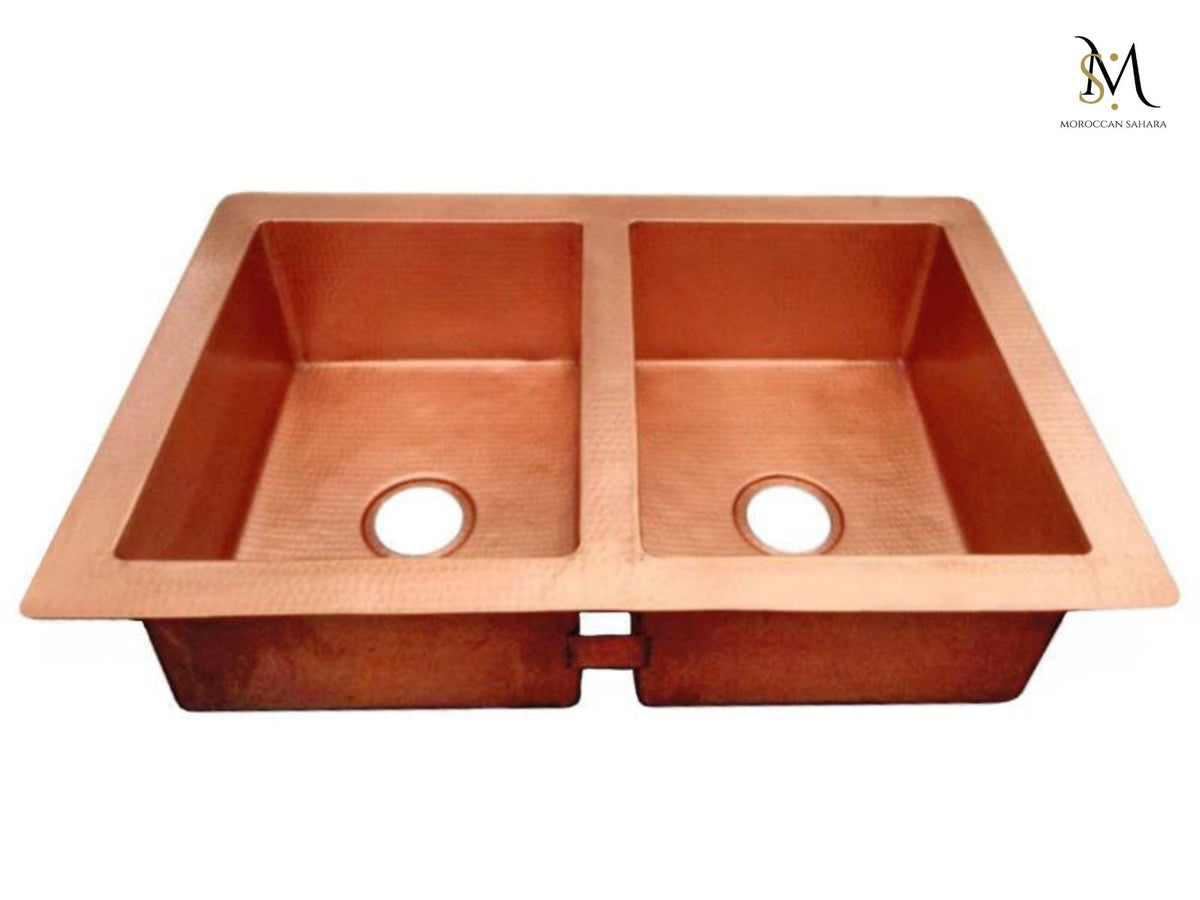 Hammered Copper Double Bowl Kitchen Sink - 33 Inch