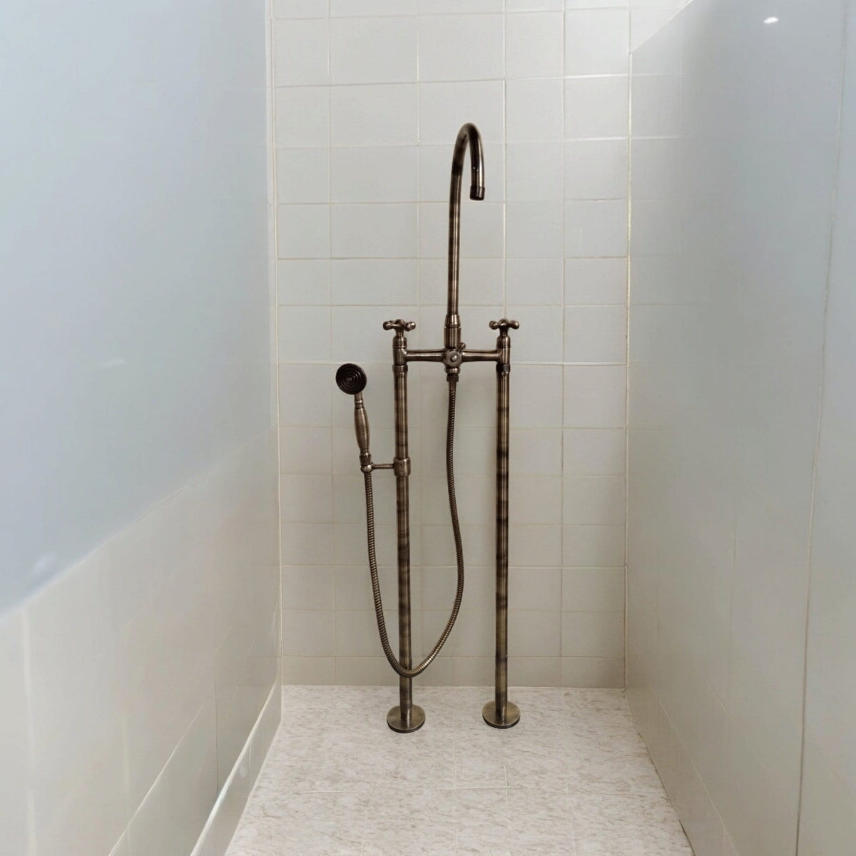Brushed Brass Floor Mount Tub Filler with Handshower