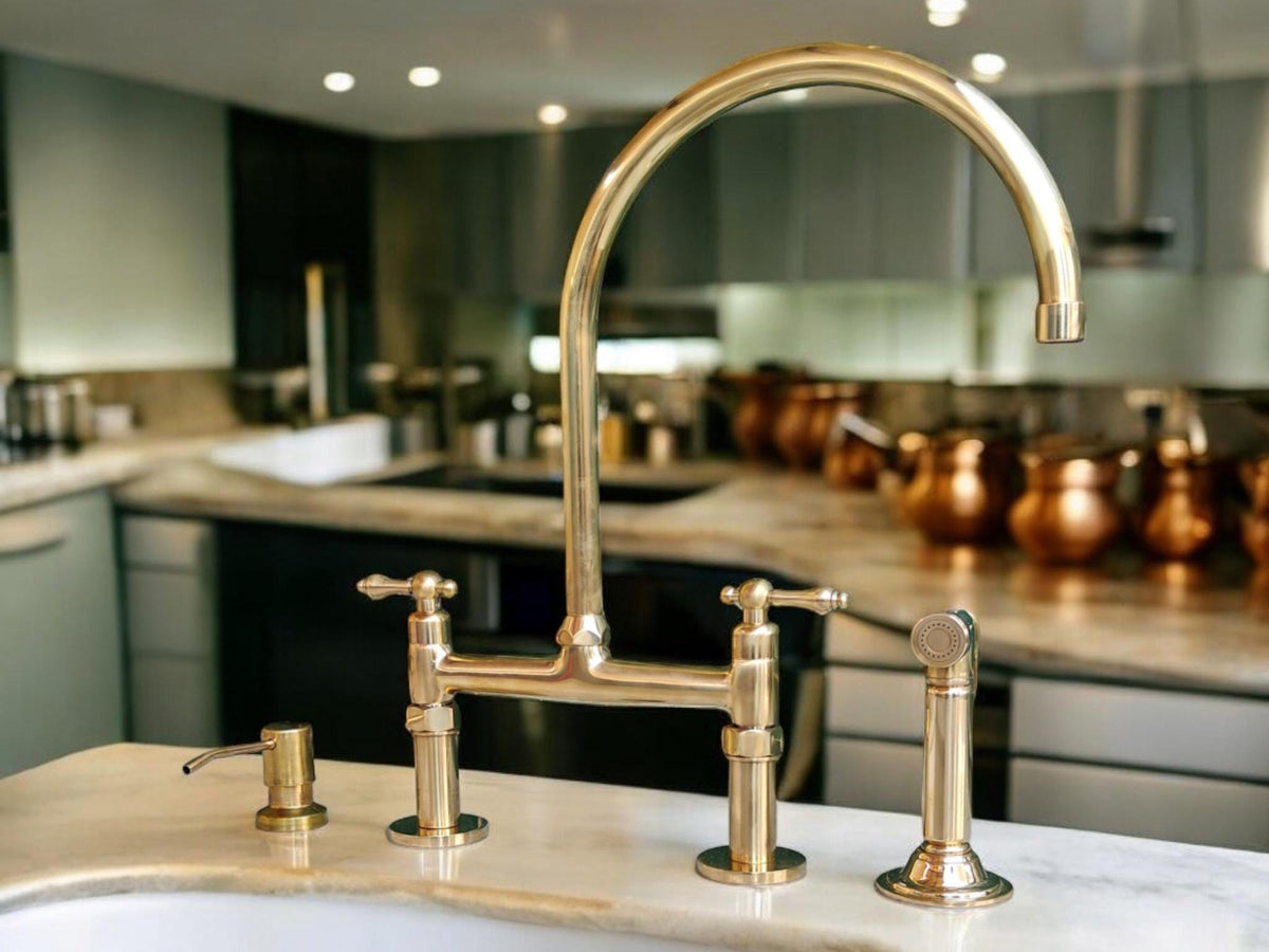 Unlacquered Solid Brass Kitchen Bridge Faucet with Swivel Spout