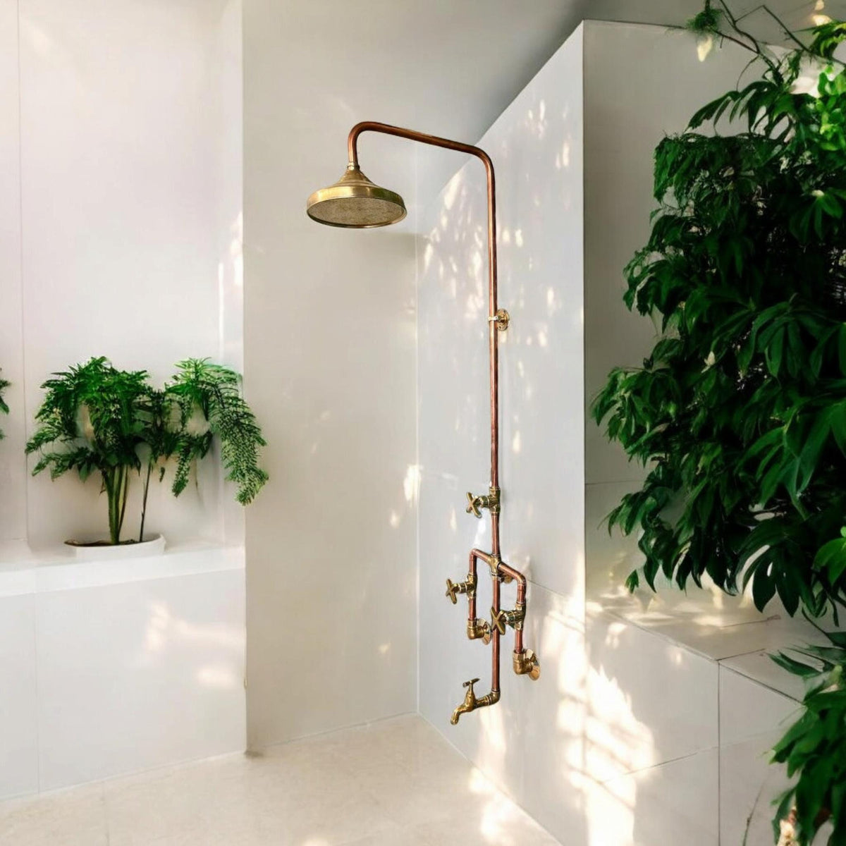 Handmade Brass And Copper Shower System – Indoor & Outdoor Unit with Circular Showerhead