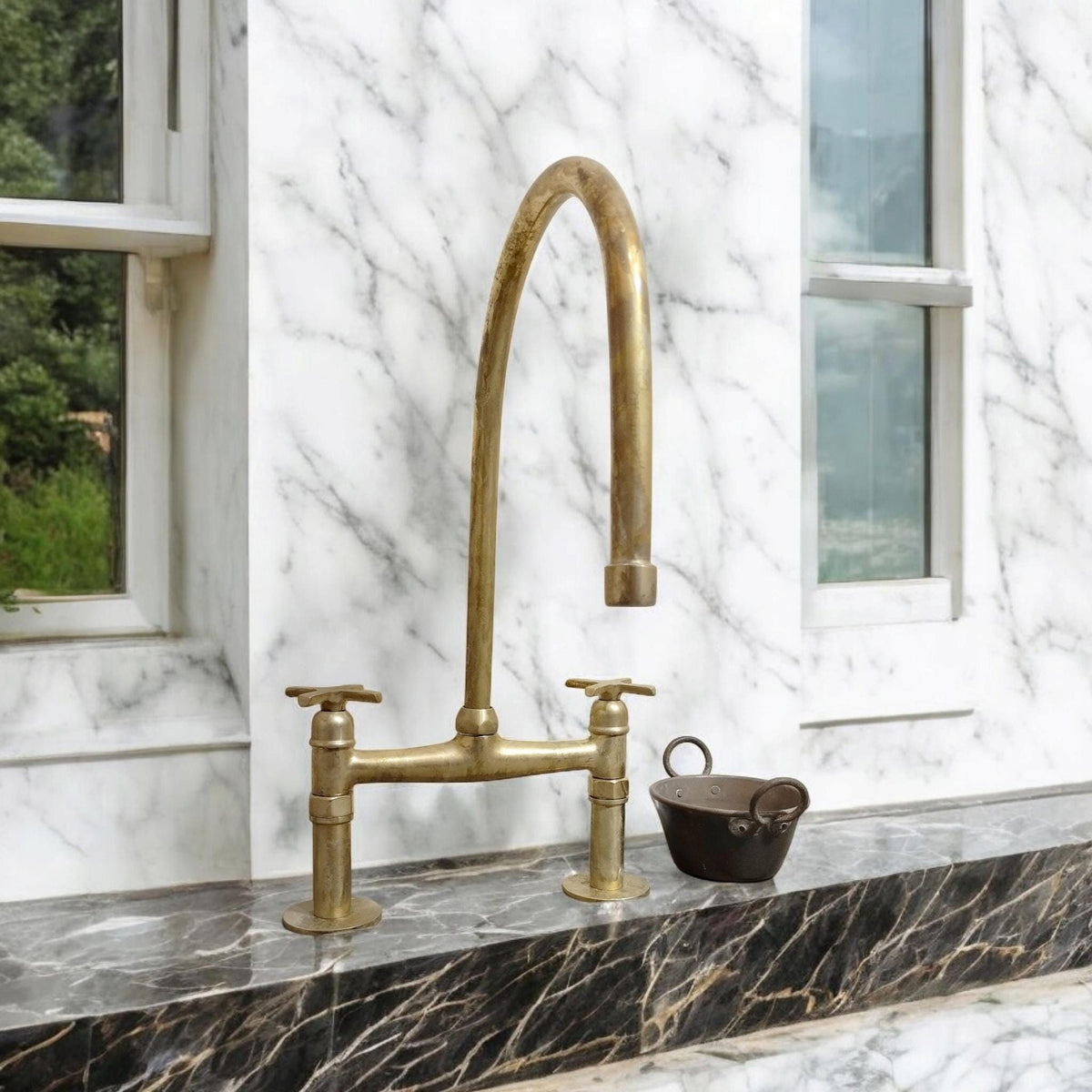 Antique Style Unlacquered Brass Bridge Kitchen Faucet