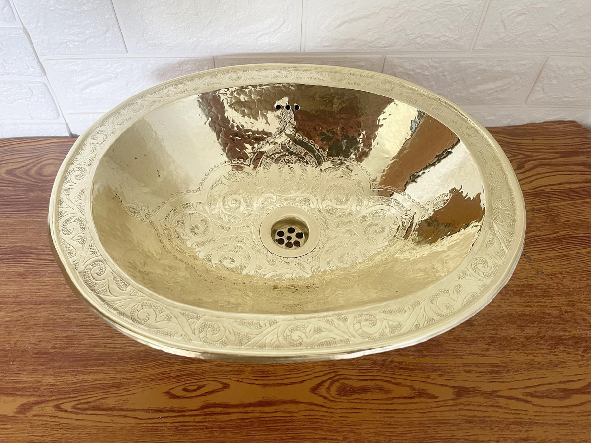 19.3" Oval Brass Sink, Drop-In Bathroom Sink, Engraved Antique Brass Basin, Brass Sink, Handmade Brass Bathroom Sink, Br