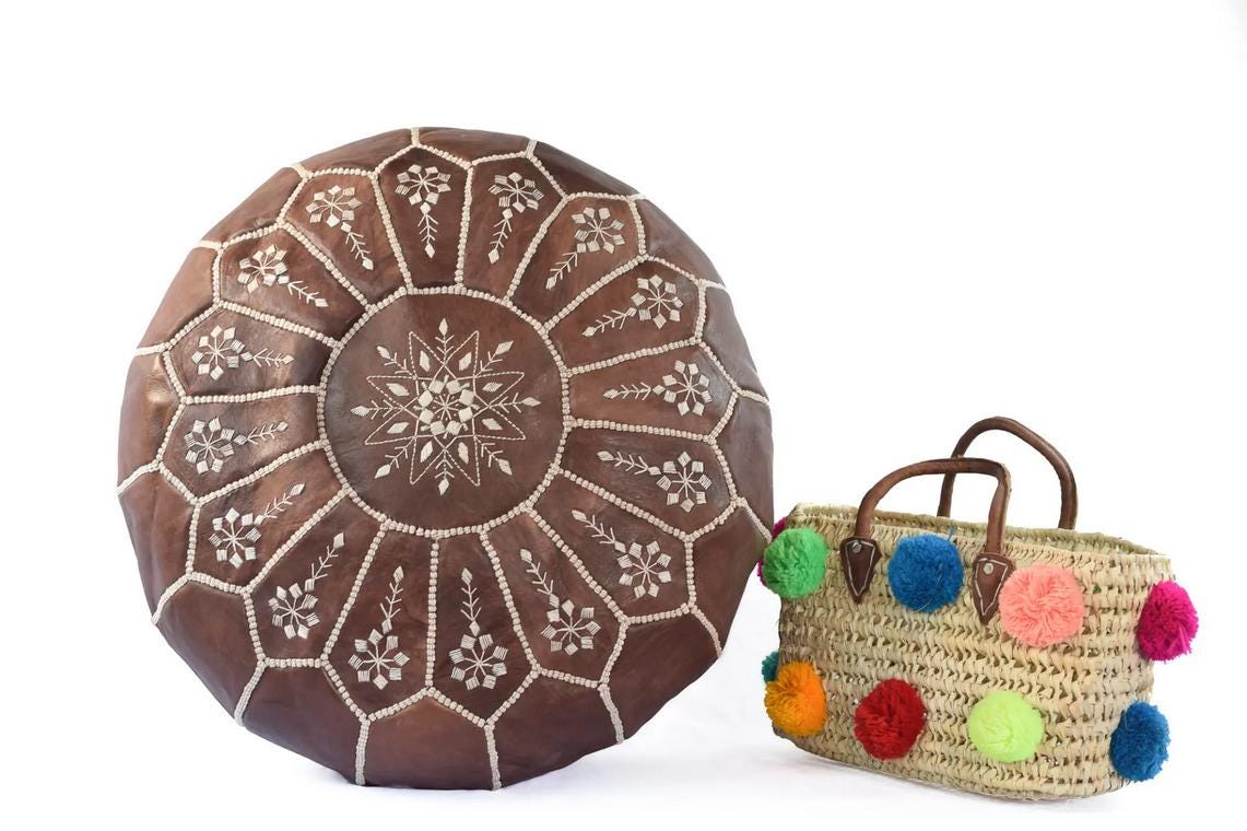 Leather Moroccan pouf, ottoman from marrakesh souk,leather,handmade