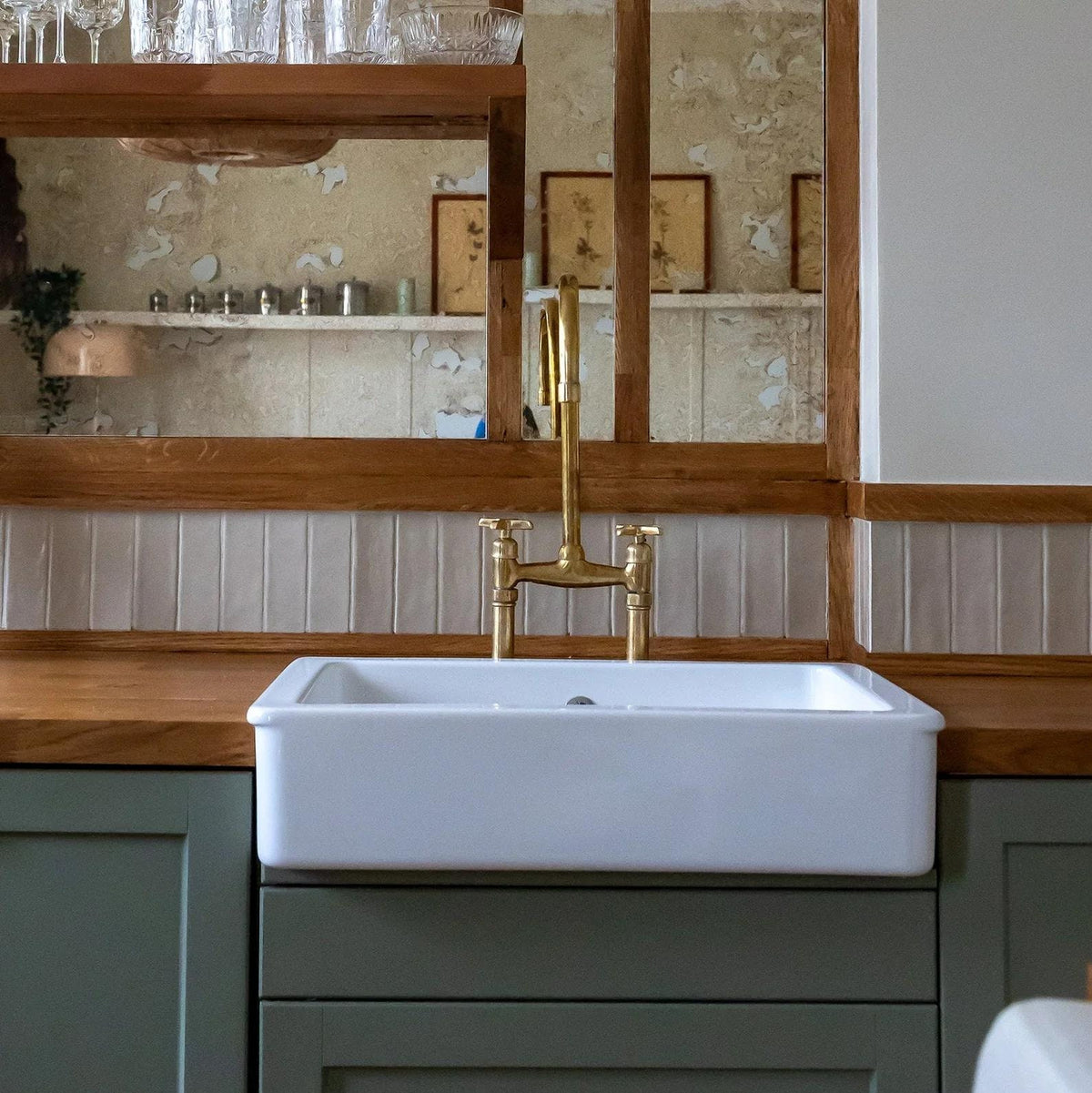 Unlacquered Brass Bridge Kitchen Faucet with Sprayer: Moroccan Design