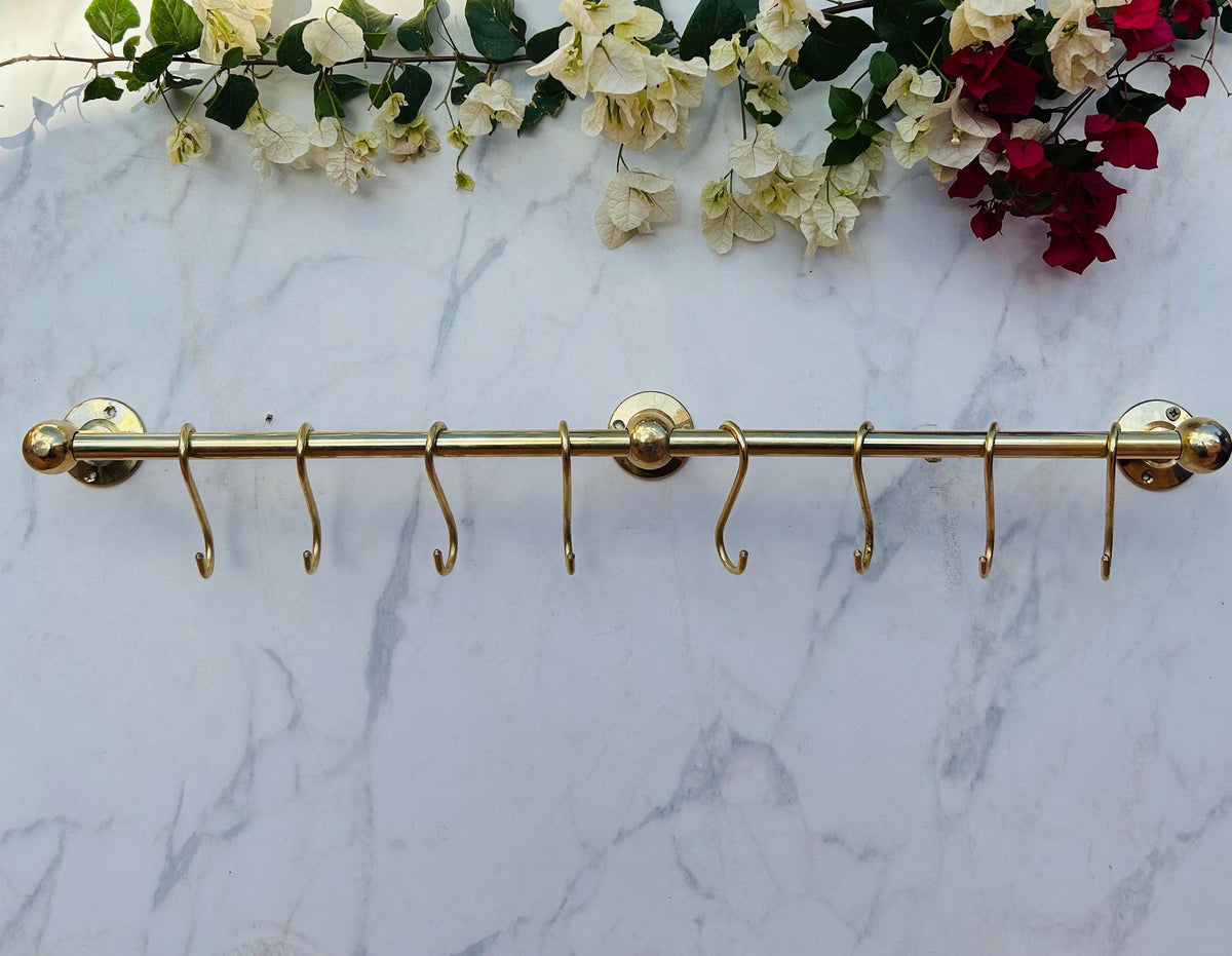 Unlacquered Solid Brass Hanging Pot Rack. Brass Kitchen Rail,kitchen hanging Rail.Brass hooks.Hooks for kitchen.Pipe rai