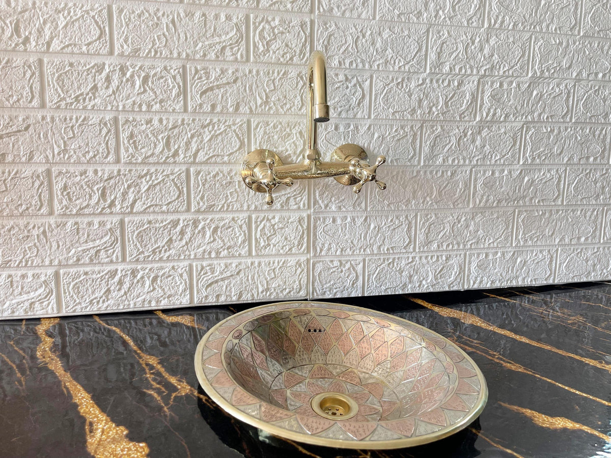 Unlacquered Brass Wall Mount Faucet, Two-Hole Kitchen Faucet with Lever Handles, Handmade Solid Brass Sink Faucet, Wall-