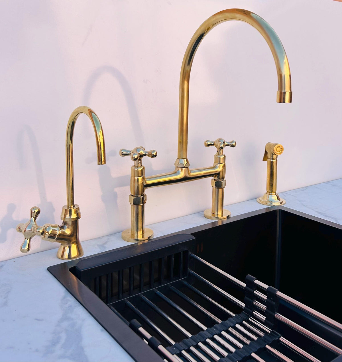 Antique Unlacquered 8" Bridge faucet, Vintage Kitchen Faucet, Brass sprayer,water filter faucet,Rustic Bridge Faucet Wit