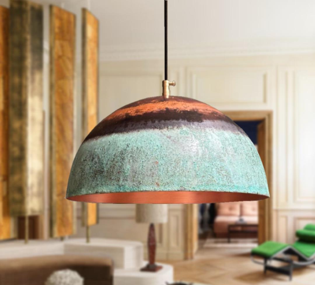Oxidized Solid Copper Pendant Dome Ceiling Light,patina Copper Pendant Lamp,Solid Rustic Copper Farmhouse Kitchen Island