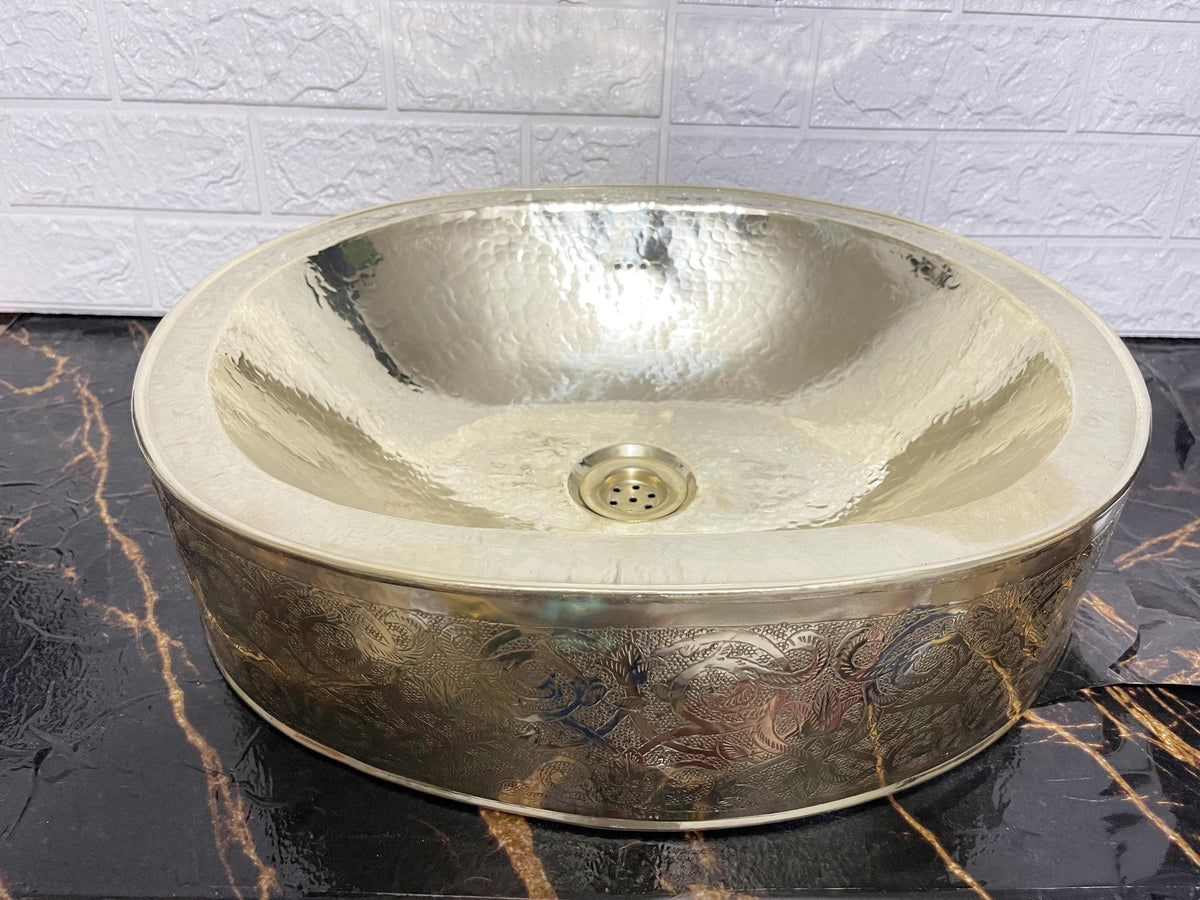 Unlacquered Hand-Etched Brass Vessel Sink, Engraved Brass Round Sink with Hammered Interior, Handmade Bathroom Basin, De