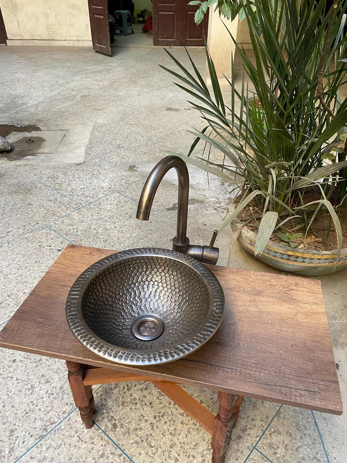 Handcrafted Brass Bathroom Sink Set: Drop-in Basin with Matching Brass Faucet - Artisan Hammered Round Design for Kitchen or Bathroom Décor