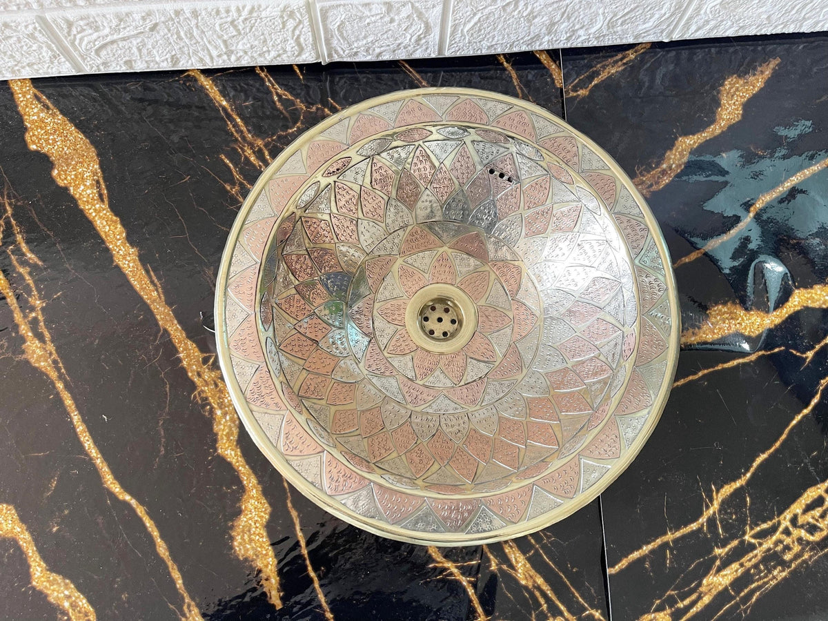 Engraved Round Brass Sink, Vintage Engraved Vessel Sink for Bathroom, Drop-In Sink for Bathroom, Kitchen Brass Basin, Ha