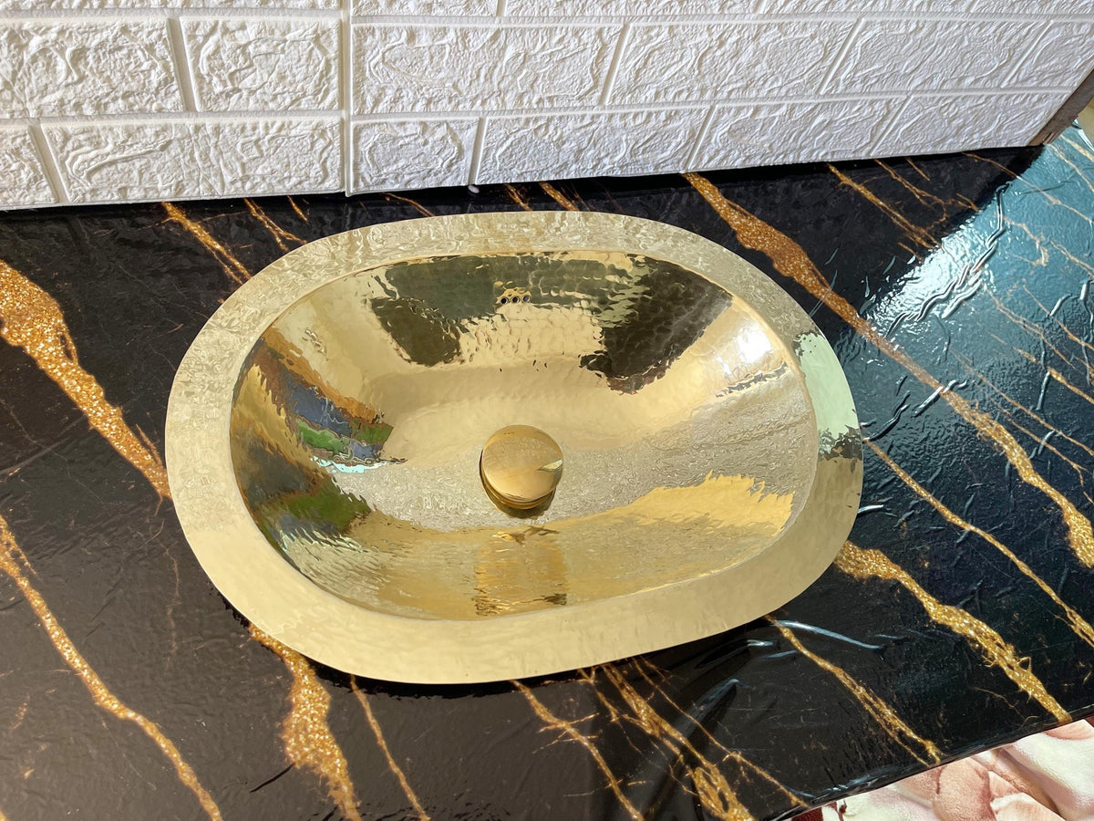 19" Handcrafted Petal Etched Oval Solid Brass Sink, Drop-In Customizable Brass Kitchen Sink, Unlacquered Brass Oval Sink
