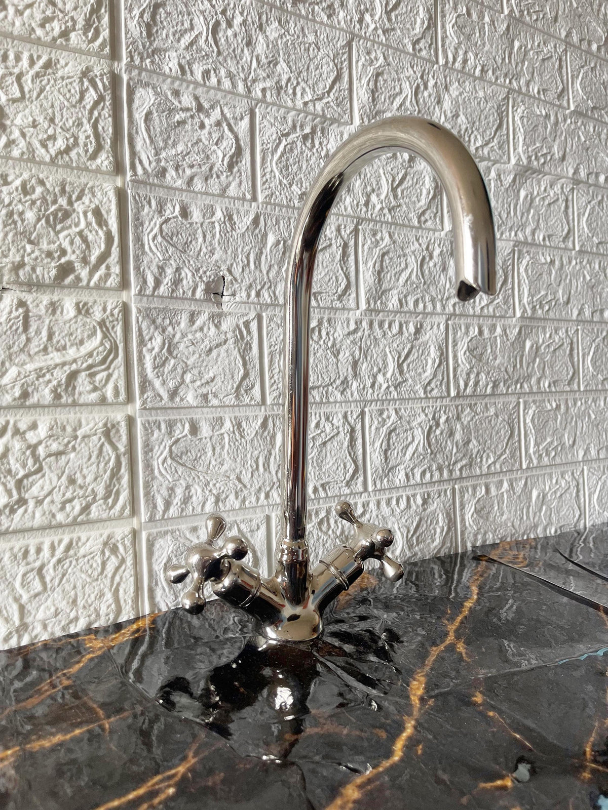 Chrome Kitchen Sink Faucet with Silver Finish, Handmade Double Handle Centerset Tap, Vintage Nickel Finish, Hot & Cold W