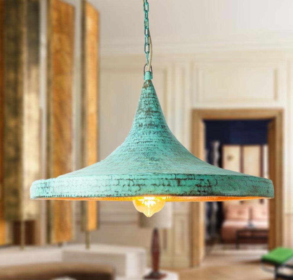 Copper Island Kitchen Lighting Elegant Fixtures,Handmade Green Patina Copper Rustic Penadnt lamp, Copper Hanging Lampsha