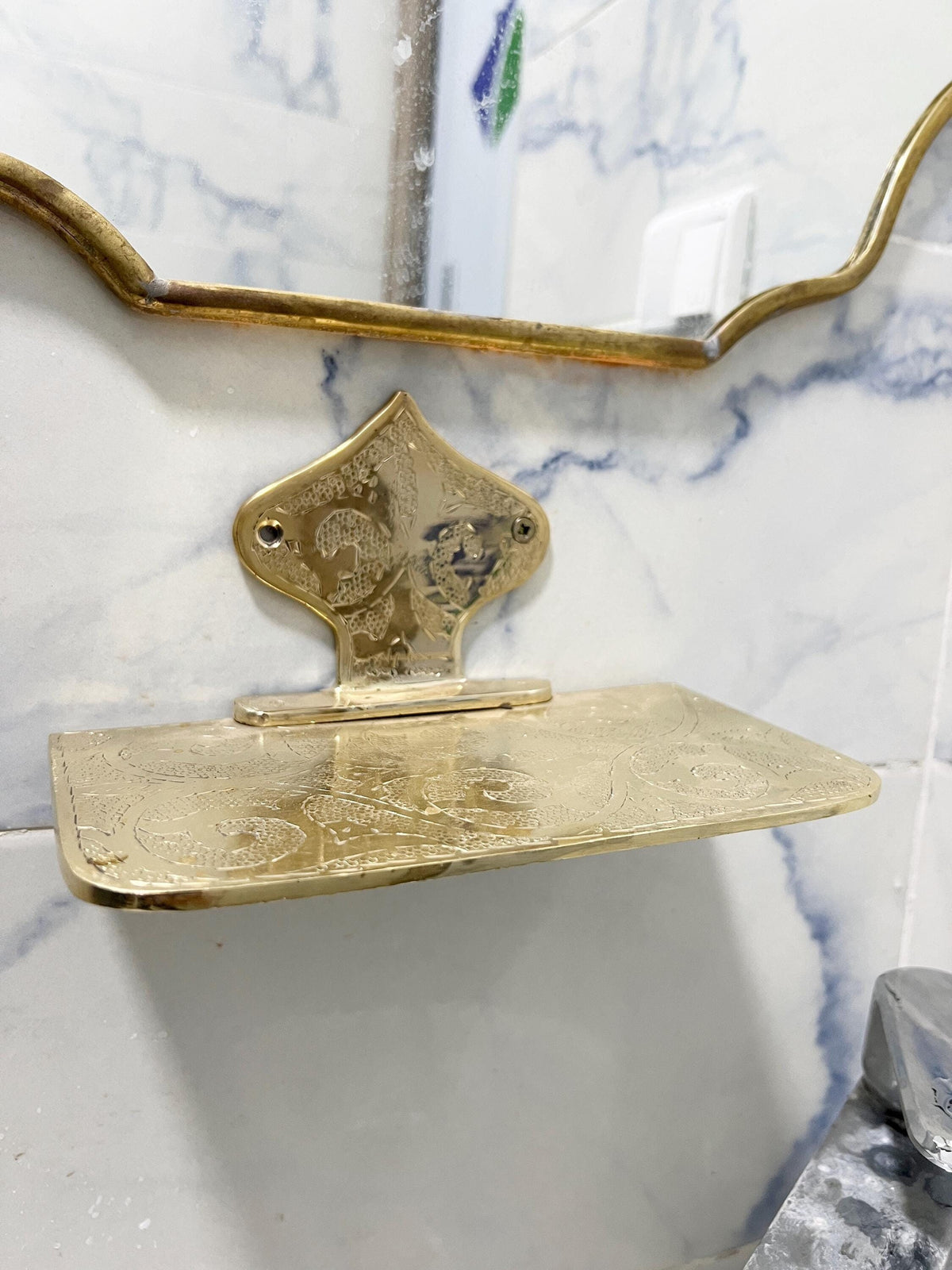 Engraved Solid Brass Wall-Mounted Bathroom Shelf, Handmade Brass Shelf, Small Brass Wall Shelf, Decorative Brass Shelf f