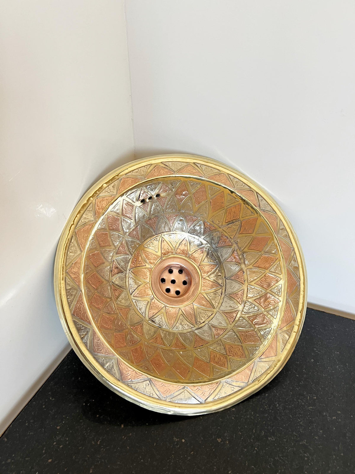 Unlacquered Brass Bathroom Sink Studded with Copper, Drop-In Engraved Round Brass Sink, Hammered Vessel Sink, Brushed Br
