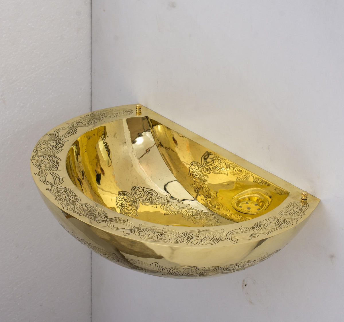 Unlacquered Brass Wall Hung Basin, Engraved Wall-Mounted Bathroom Sink, Floating Sink