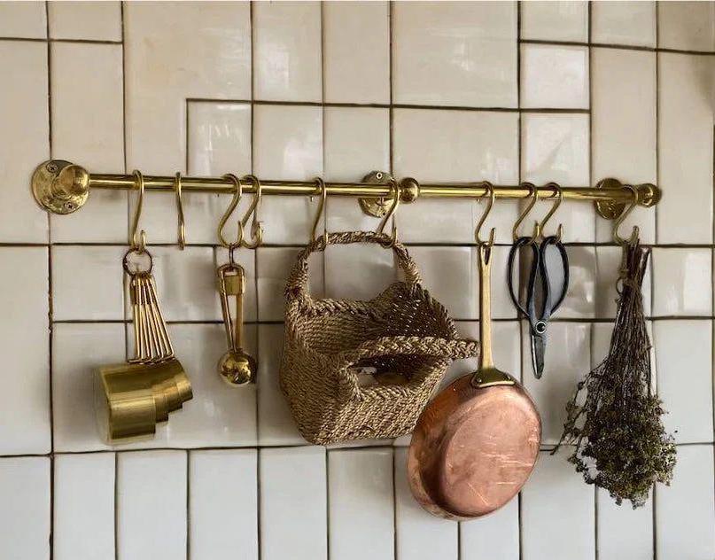 Unlacquered Solid Brass Hanging Pot Rack. Brass Kitchen Rail,kitchen hanging Rail.Brass hooks.Hooks for kitchen.Pipe rai