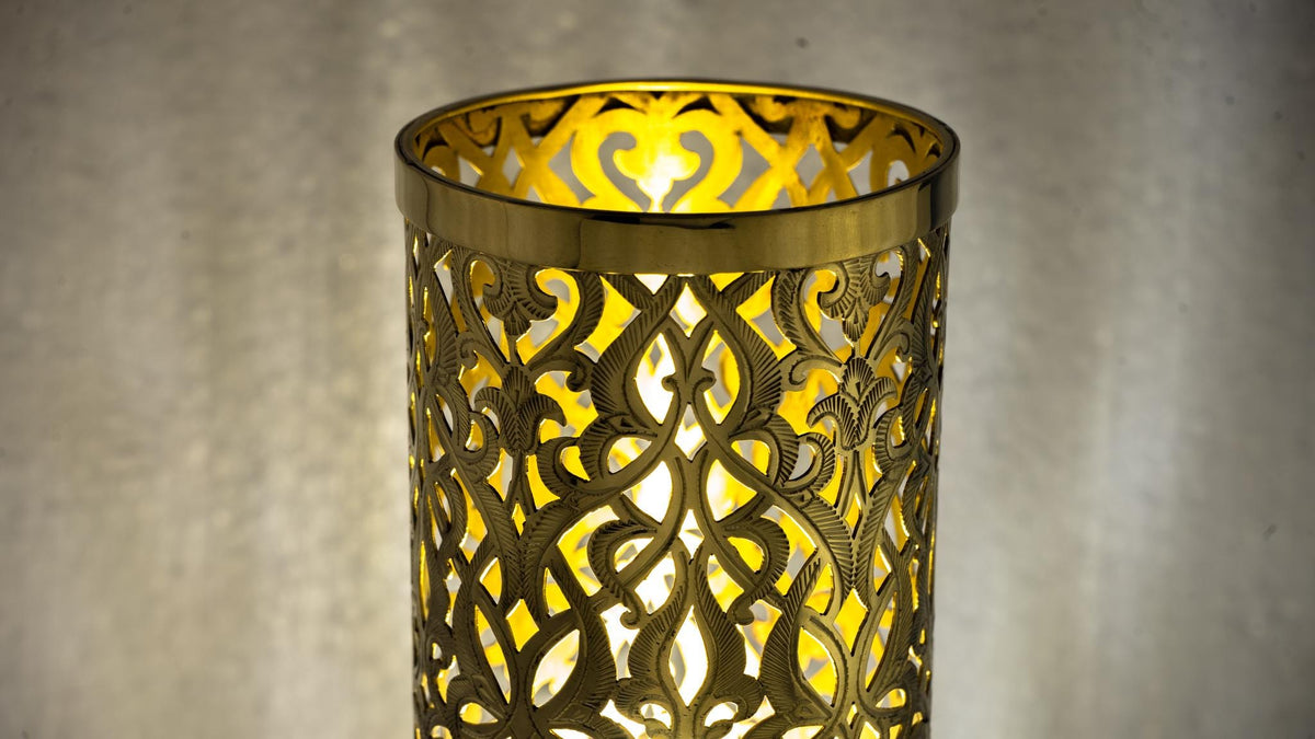 Brushed Brass Bedside Light, Pierced Cylinder Lamp, Brass Table Lamp