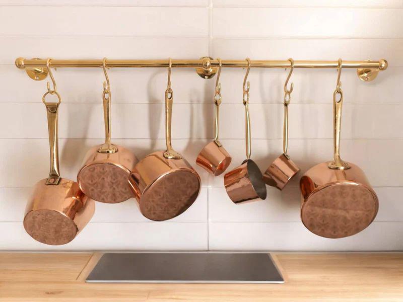 Unlacquered Solid Brass Hanging Pot Rack – Antique Brass Kitchen Rail with Hooks, Wall-Mounted Pan Organizer Solution.So