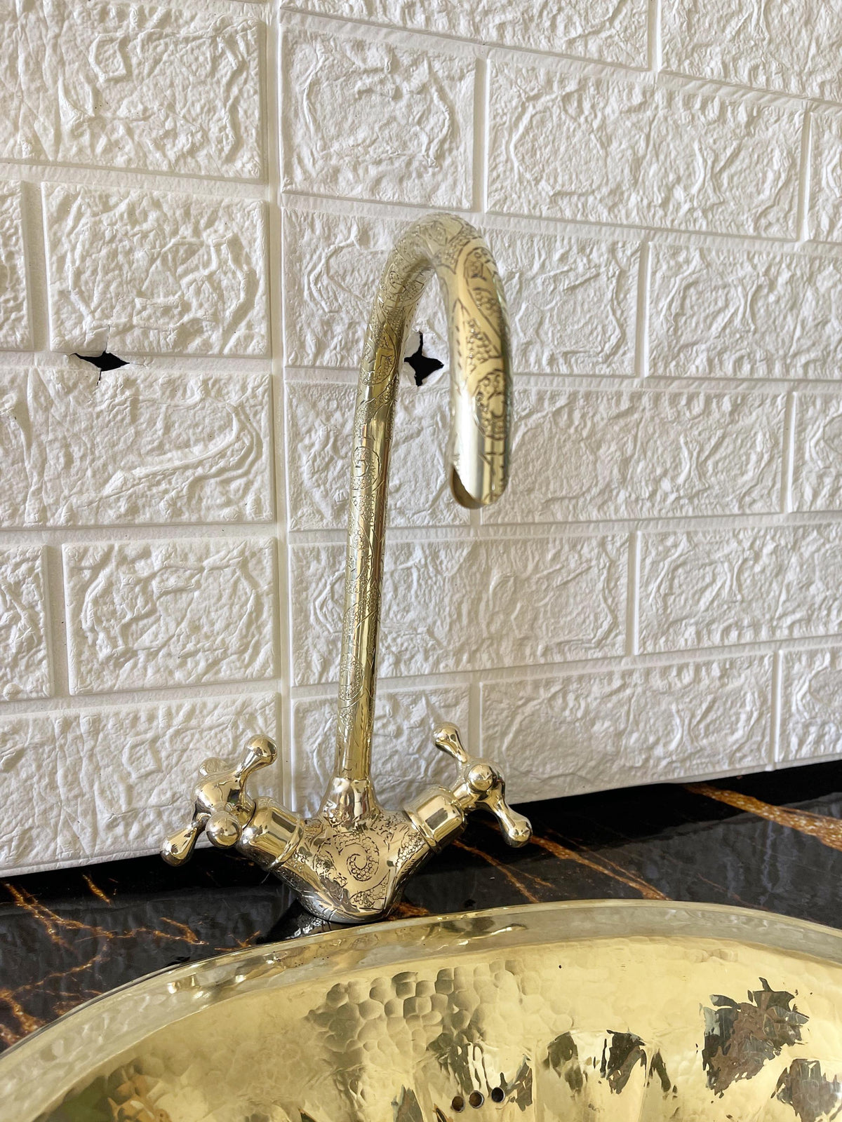 Engraved Gold Brass Gooseneck Faucet, Handmade Single-Hole Bathroom Tap, Luxury Solid Brass Sink Fixture, Gold Bathroom 