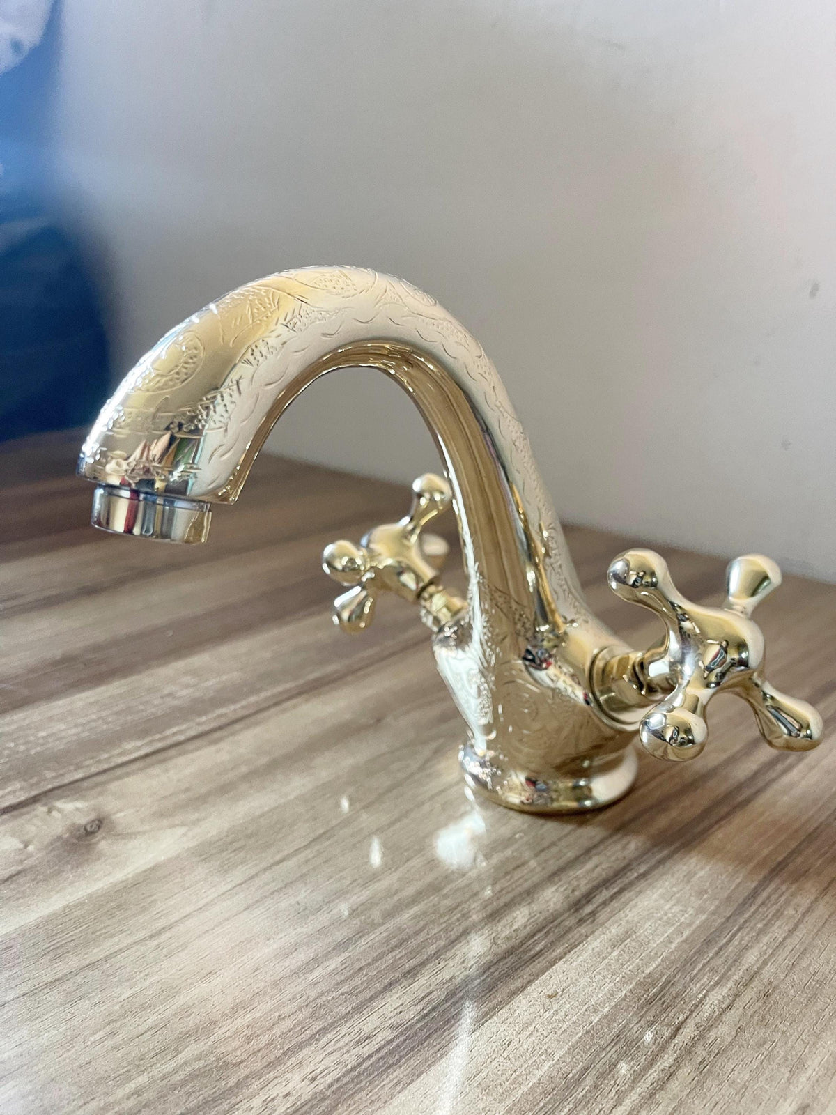 Unlacquered Brass Gooseneck Bathroom Faucet, Solid Brass Vanity Faucet, Brushed Brass Finish, Flat Handles, Luxury Bathr