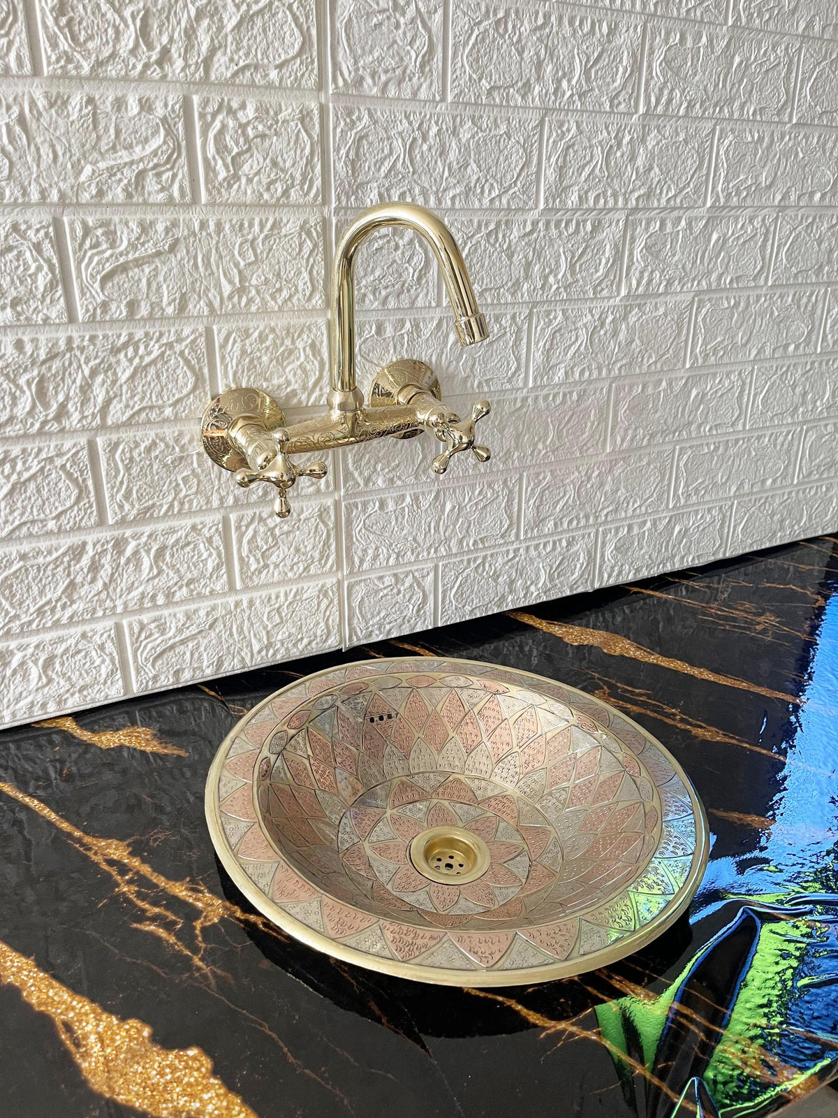 Unlacquered Brass Wall Mount Kitchen Faucet with Lever Handles, Brass Sink Faucet, Durable Wall-Mounted Faucet for Kitch