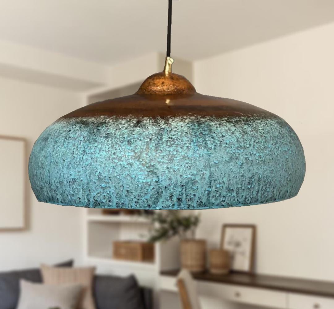 Oxidized Copper Pendant Lamp with Blue Patina, Stylish Hanging Light Fixture.Hammered Copper Ceiling Light Fixture,dome 