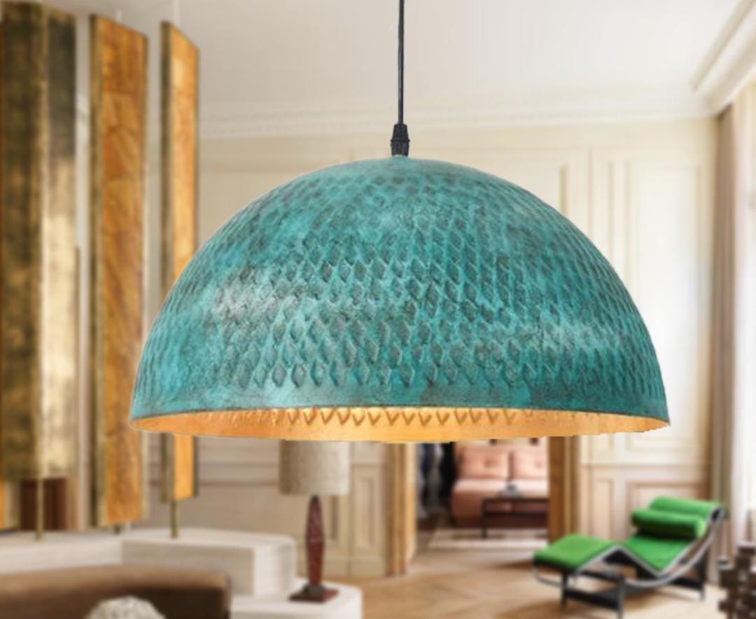 Elegant Patina Copper Pendant Light,Handcrafted Rustic Hanging Lamp,Oxidized Dome Pendant Light,Stylish Hanging Light Fi
