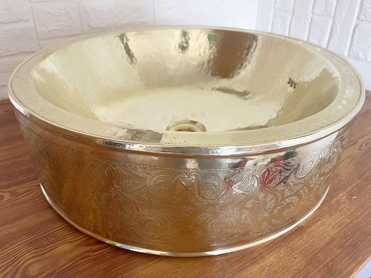 Round Brass Basin Sink, Engraved Brass Bathroom Sink, Antique Brass Sink, Aged Brass Vessel Sink, Gold Brass Basin, Hand