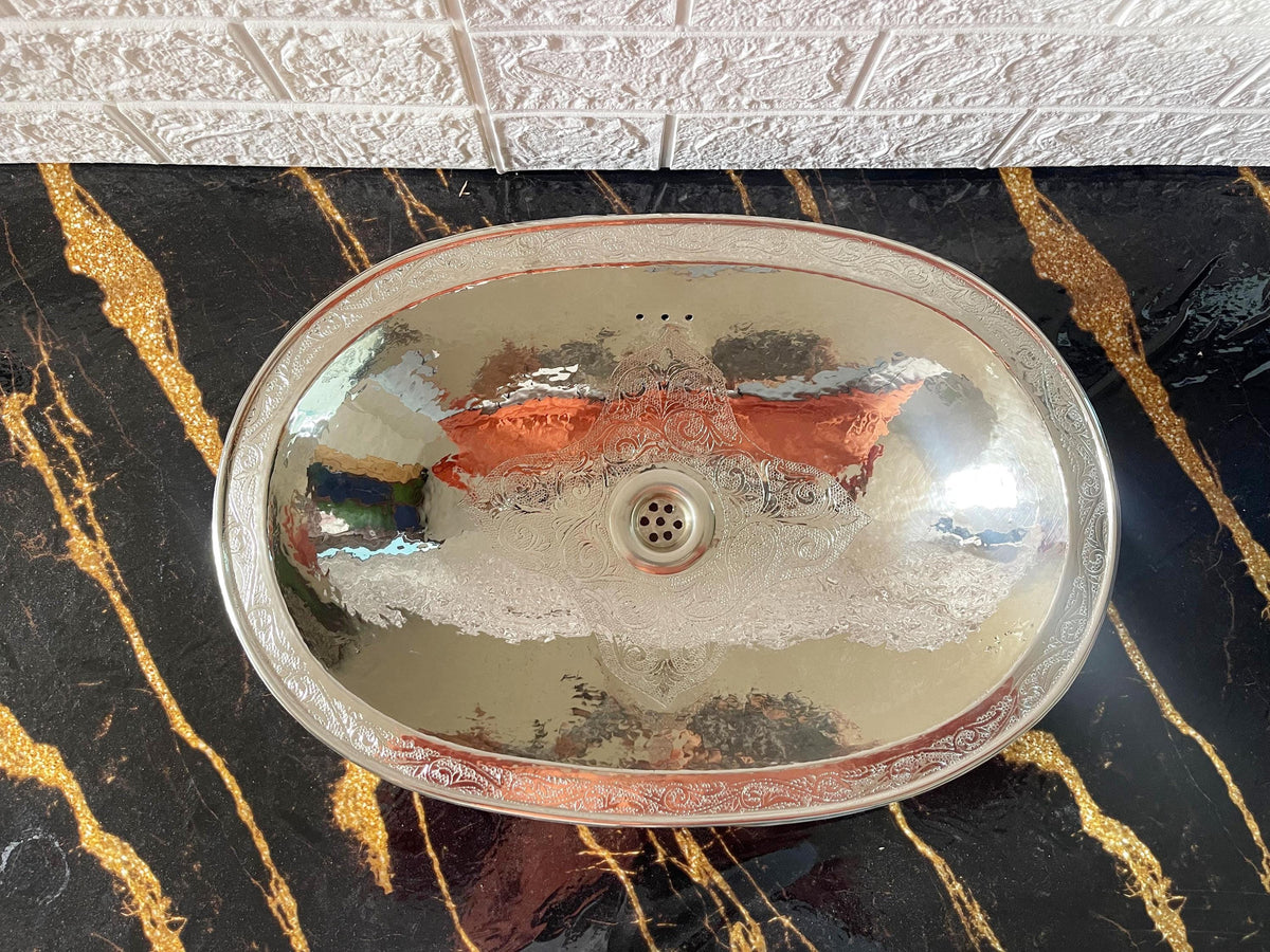 19" Silver Bathroom Sink, Drop-In Bathroom Sink, Oval Hammered Silver Sink, Bathroom Sink, Handcrafted Oval Vessel Sink,