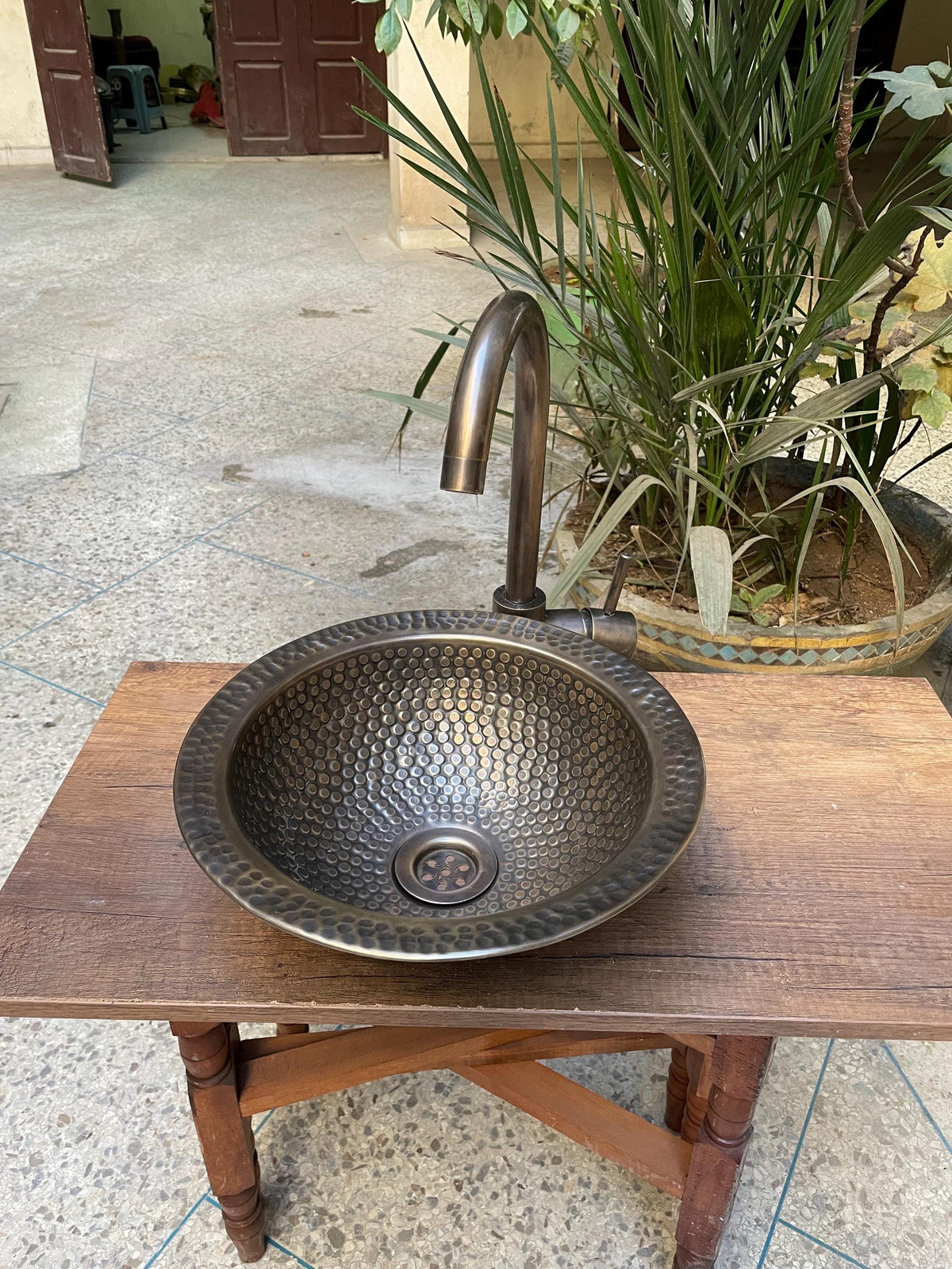 Handcrafted Brass Bathroom Sink Set: Drop-in Basin with Matching Brass Faucet - Artisan Hammered Round Design for Kitchen or Bathroom Décor