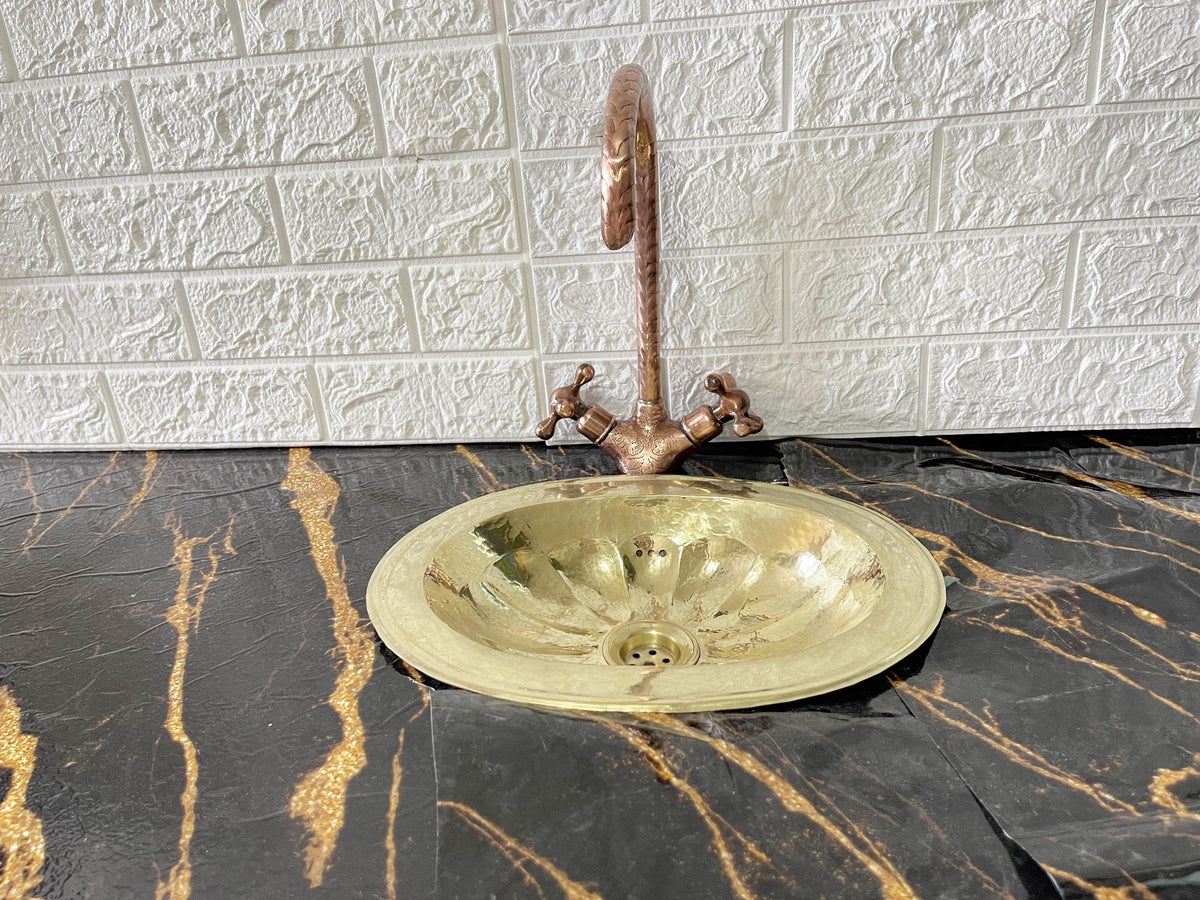 Copper Gooseneck Faucet with Engraved Finish, Single Hole Kitchen Faucet, Bathroom Faucet, Handmade Brass Faucet, 19" Br