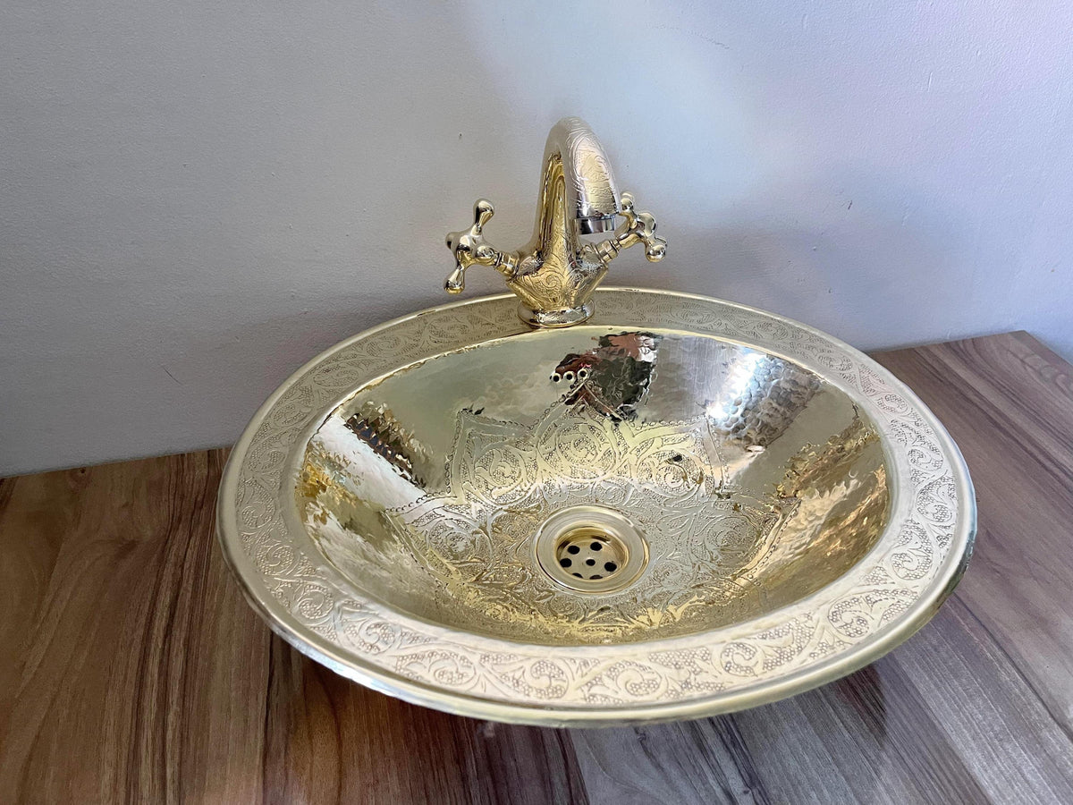 Handmade Single-Hole Unlacquered Brass Faucet, Double Cross Handles, Vintage Bathroom Sink Tap, Solid Brass Vanity Mixer