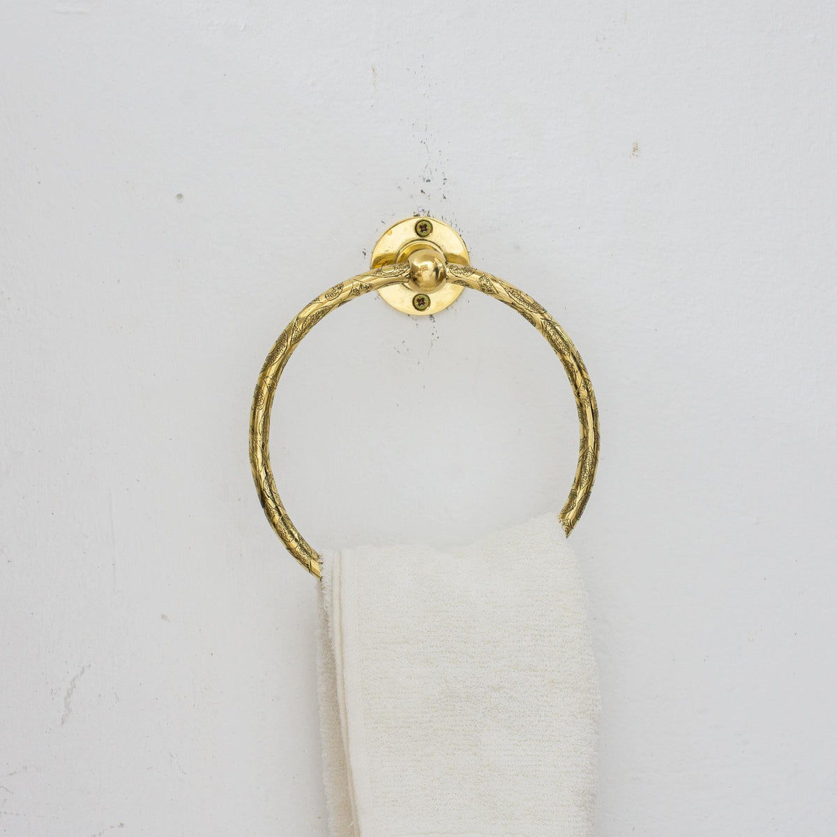 Unlacquered Brass Hand Towel Holder, Bathroom Wall Mounted Towel Ring, Hand Engraved Towel Hanger