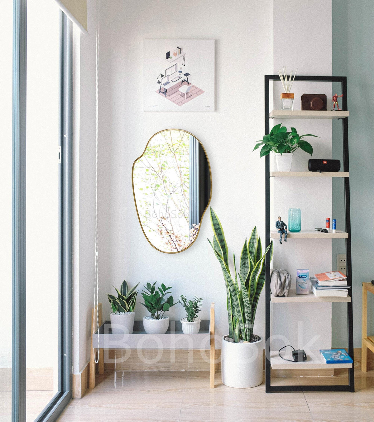 Handmade irregular mirror with a brass frame
