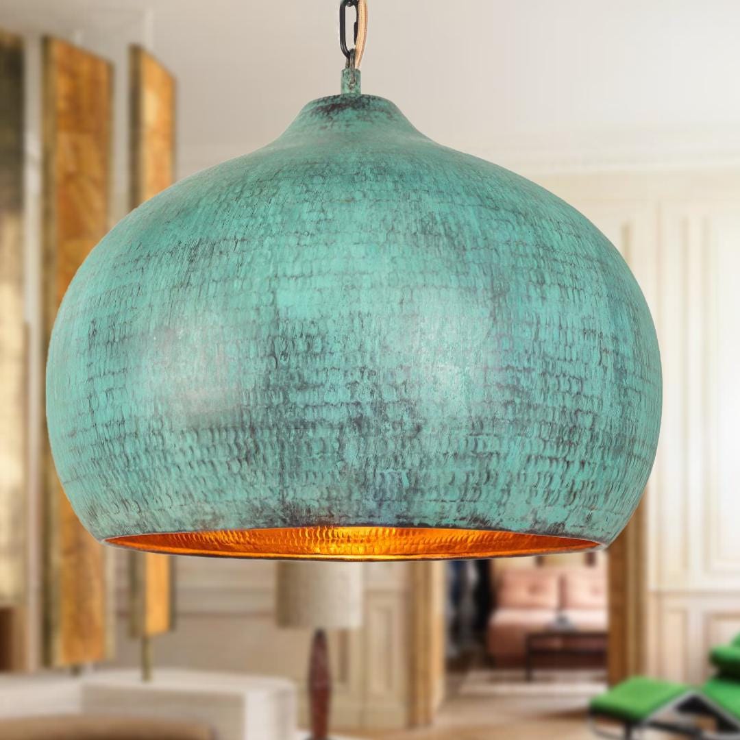 Copper Island Kitchen Lighting Elegant Fixtures,Handmade Green Patina Copper Rustic Penadnt lamp,Copper.oxidized lamp,do