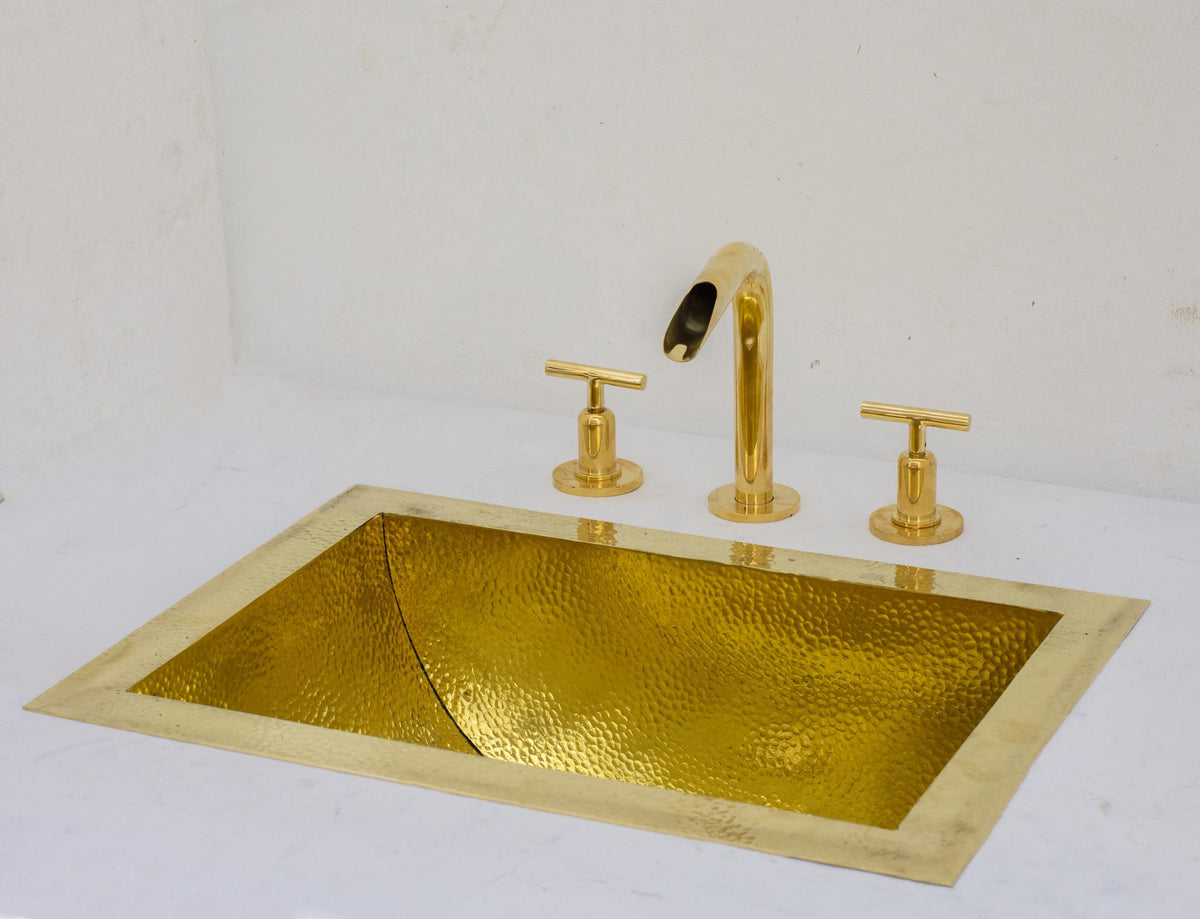 Solid Brass Undermount Bathroom Sink, Hammered Drop-in Vanity Sink With 3-Hole Waterfall Faucet, Undermount Deep Curved 