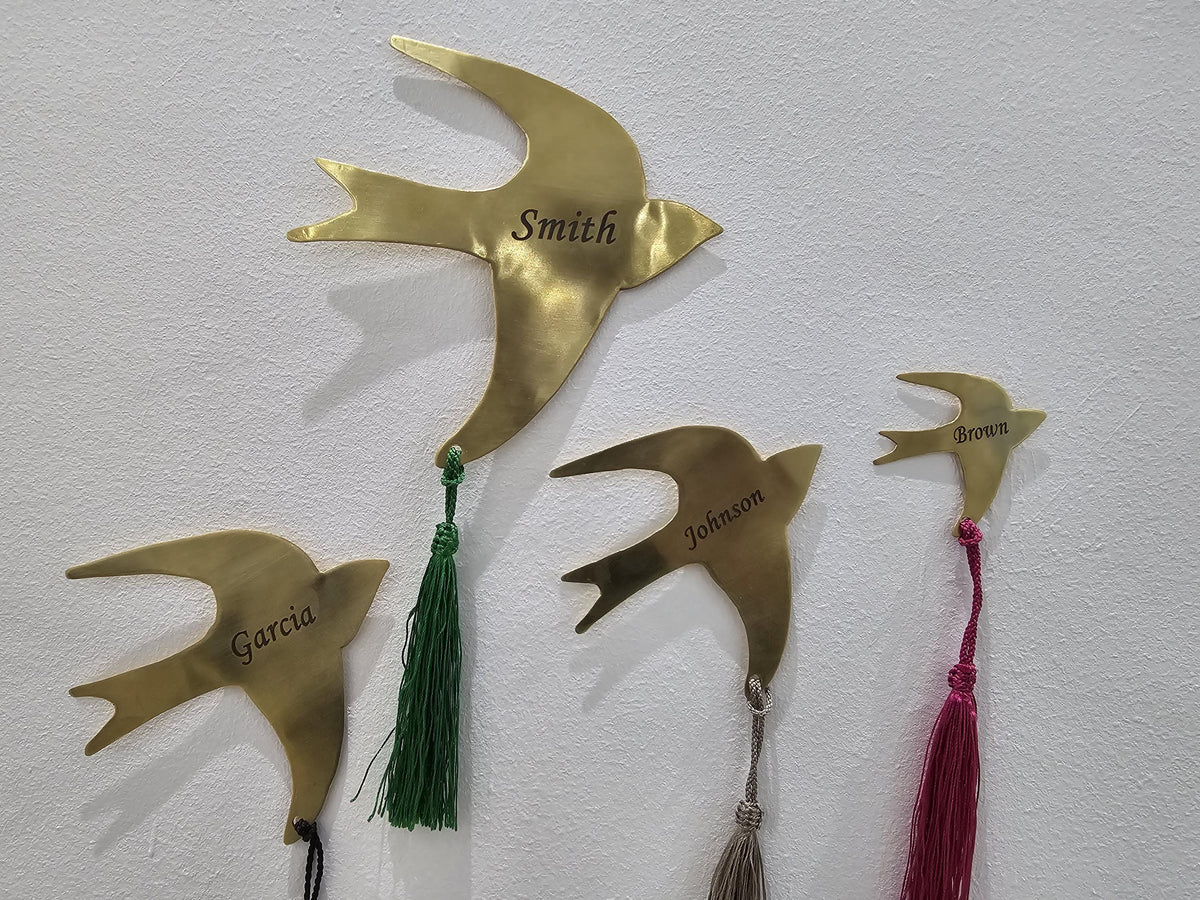 Personalized Brass Bird Wall Art Set - Flock of 4 Flying Birds with Custom Engraved Names and Tassels
