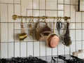 Unlacquered Solid Brass Hanging Pot Rack – Antique Brass Kitchen Rail with Hooks, Wall-Mounted Pan Organizer Solution.So