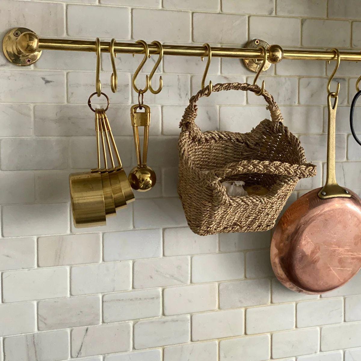 Unlacquered Solid Brass Hanging Pot Rack. Brass Kitchen Rail,kitchen hanging Rail.Brass hooks.Hooks for kitchen.Pipe rai
